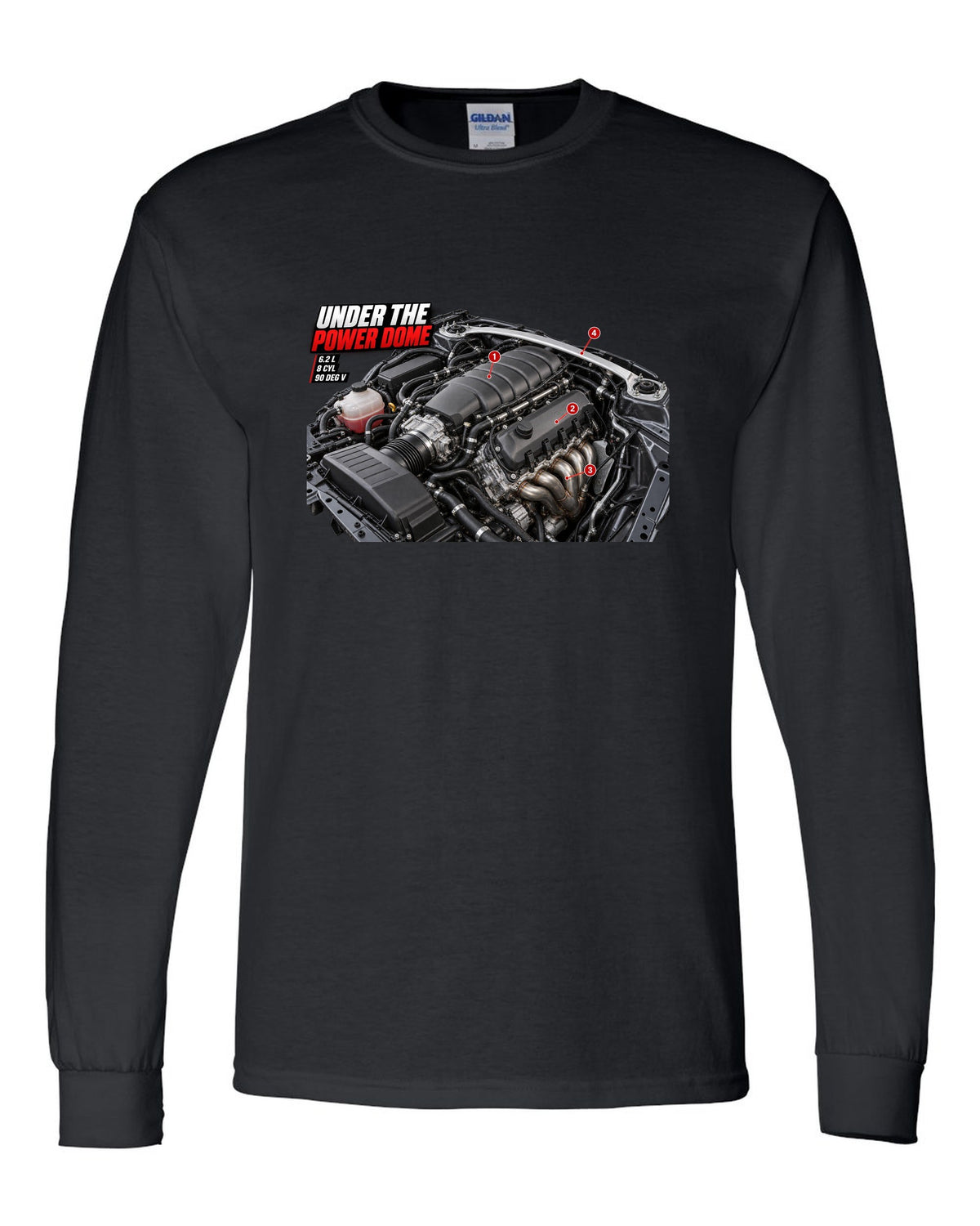 print of the Mercedes C63 AMG W204 M156 engine bay with the text Under The Power Dome black long sleeve front view with the design