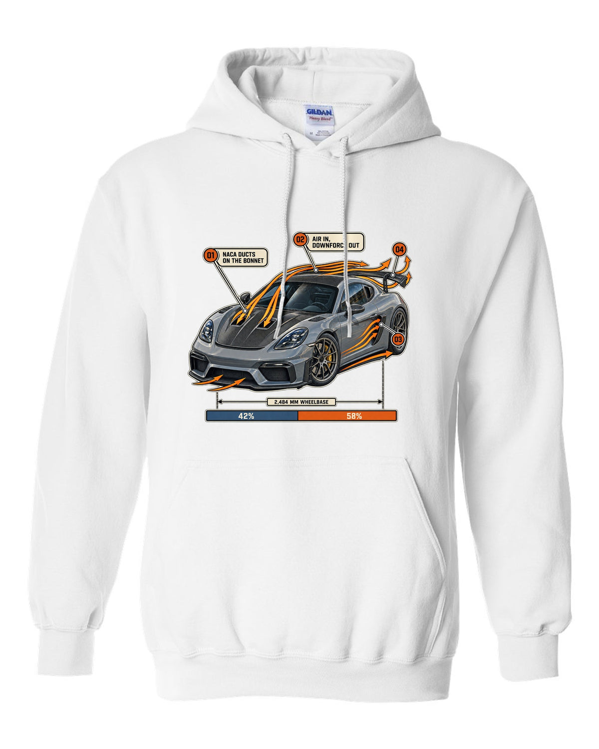 Airflow callout print of a Porsche 718 Cayman GT4 RS Weissach package white pull over hoodie front view with the design
