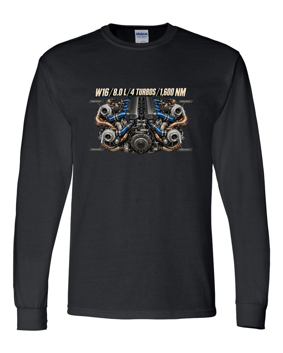 Bugatti W16 8.0 litre quad-turbo engine poster print black long sleeve front view with the design