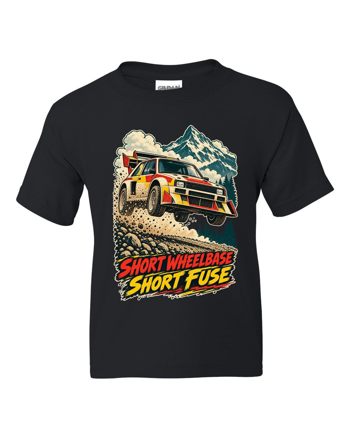Vintage race-poster lithograph print of a 1985 Audi Sport Quattro S1 E2 with Short Fuse lettering black kids tee front view with the design