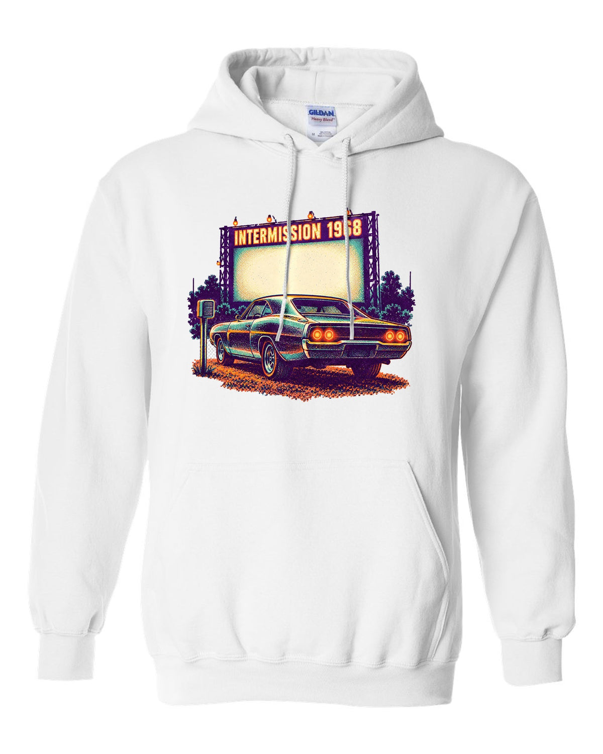 Risograph spot colour drive-in scene with a 1968 Dodge Charger R/T and INTERMISSION text white pull over hoodie front view with the design