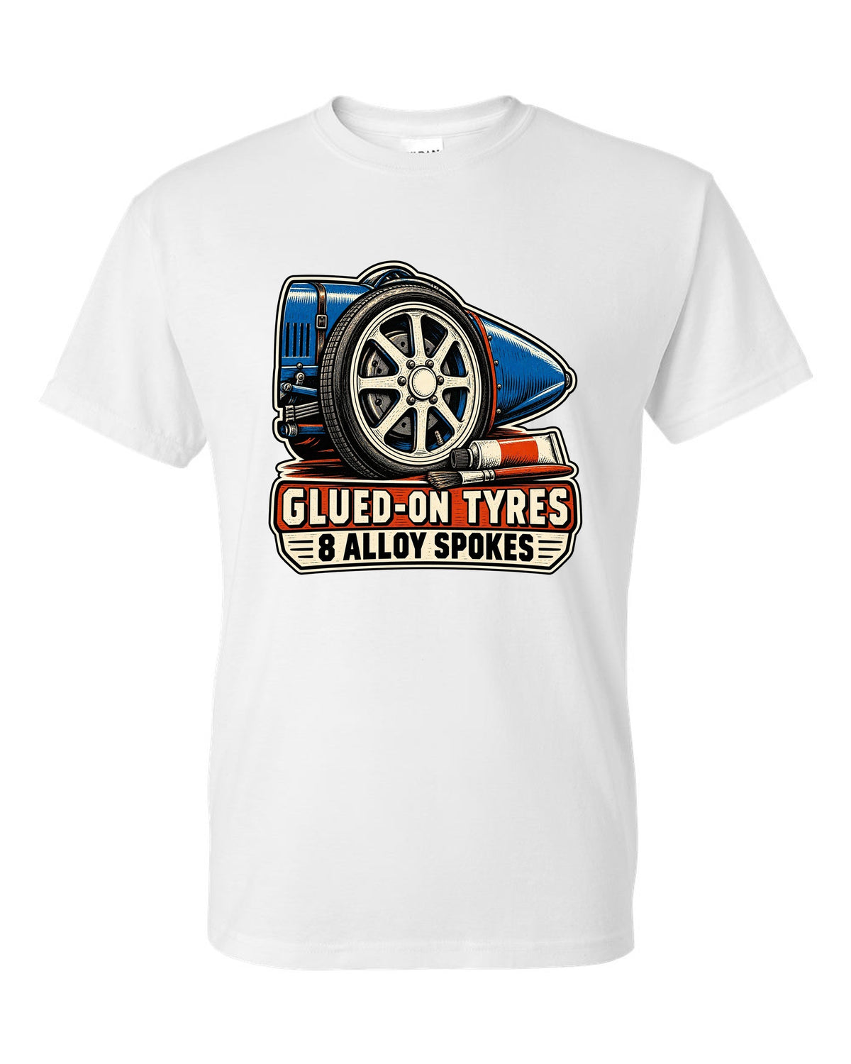 Linocut style print of a Bugatti Type 35 eight-spoke alloy wheel with glued-on tyres lettering white t-shirt front view with the design