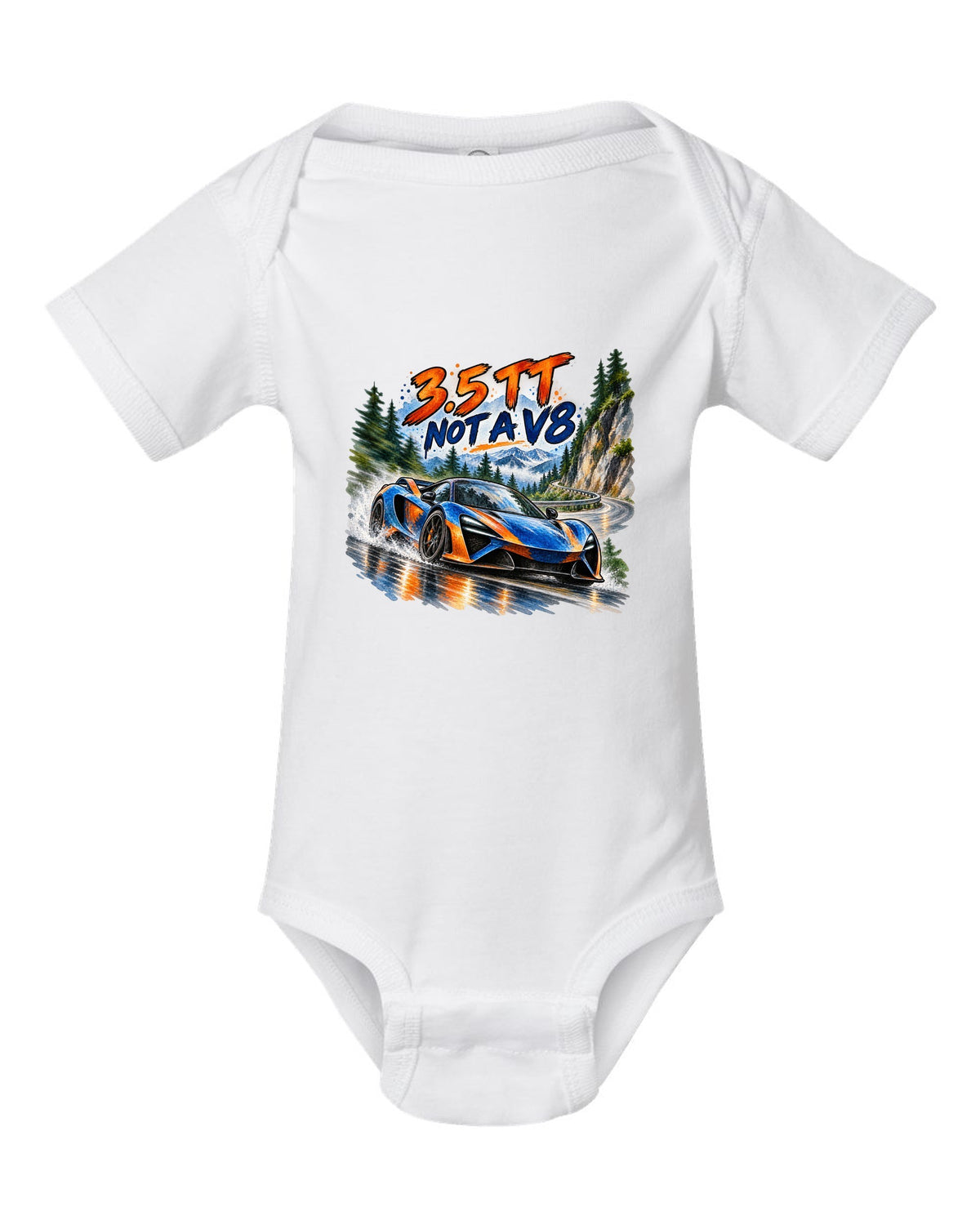 Ford GT 2017-2022 on a hairpin in a watercolour wash print white baby onesie front view with the design