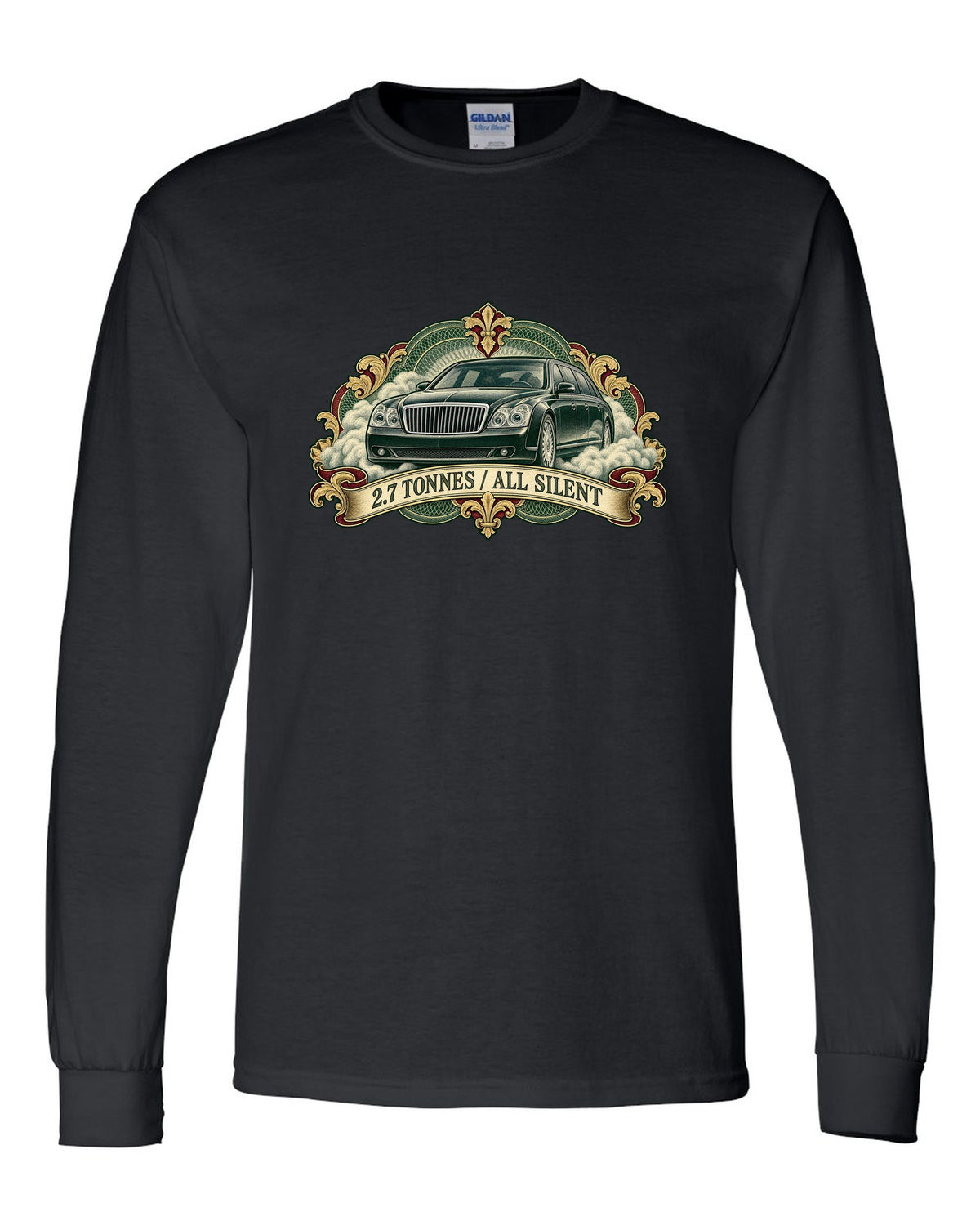Engraved banknote style etching of a Maybach 57 W240 with 2.7 Tonnes All Silent text black long sleeve front view with the design
