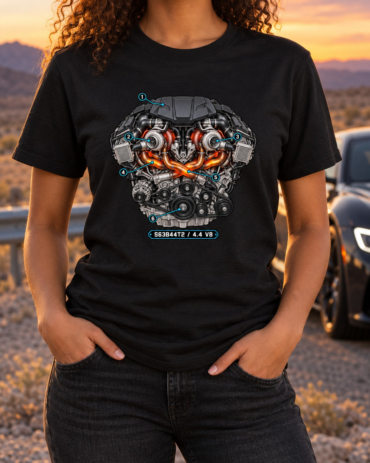 BMW X5 M F85 S63 Twin-Turbo Engine Cutaway print Tee T-Shirt Black worn hero