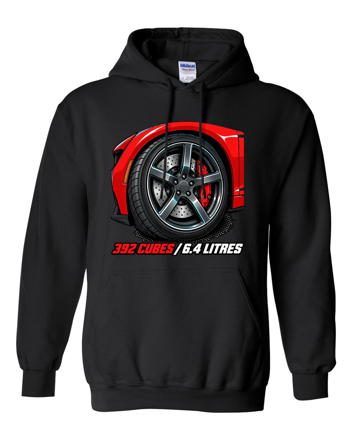 Bold monoline print with halftone shadow of a 2018 Dodge Challenger SRT 392 black pull over hoodie front view with the design