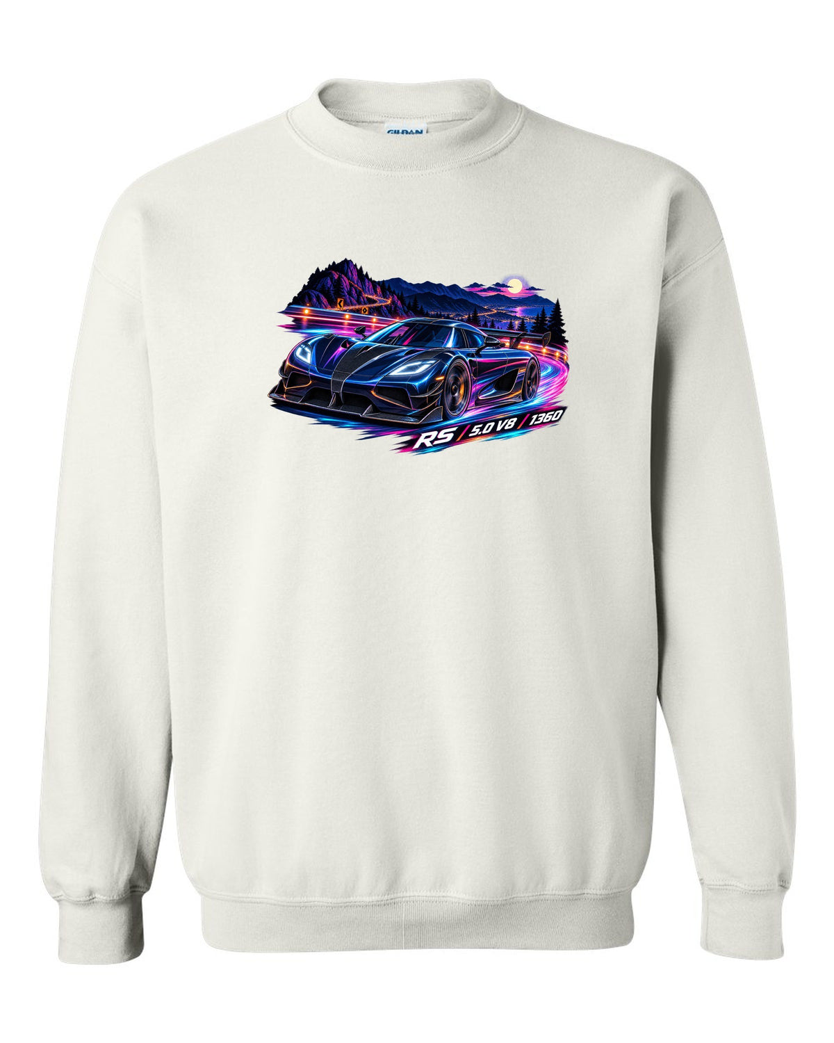 Cel-shaded anime night mountain pass illustration of a Koenigsegg Agera RS with RS 5.0 V8 1360 lettering white crewneck front view with the design