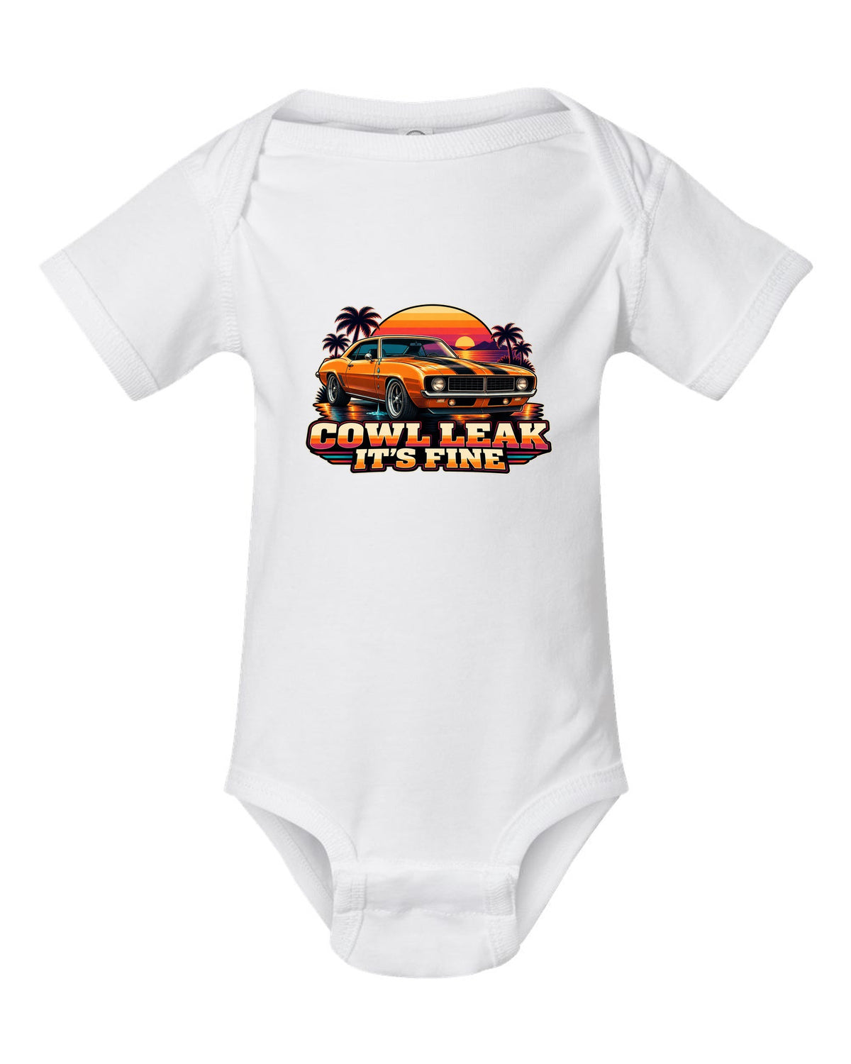 Retro banded sunset illustration of a 1969 Chevrolet Camaro coupe with cowl leak lettering white baby onesie front view with the design