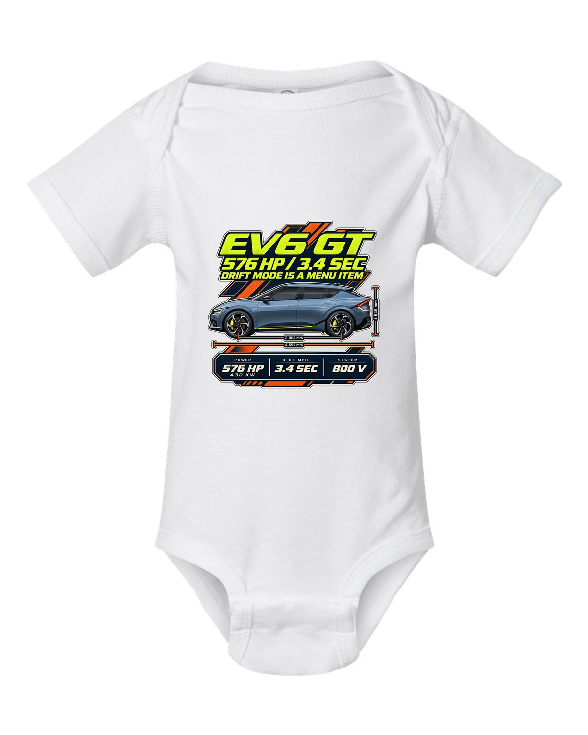 Kia EV6 GT spec poster print on a shirt white baby onesie front view with the design
