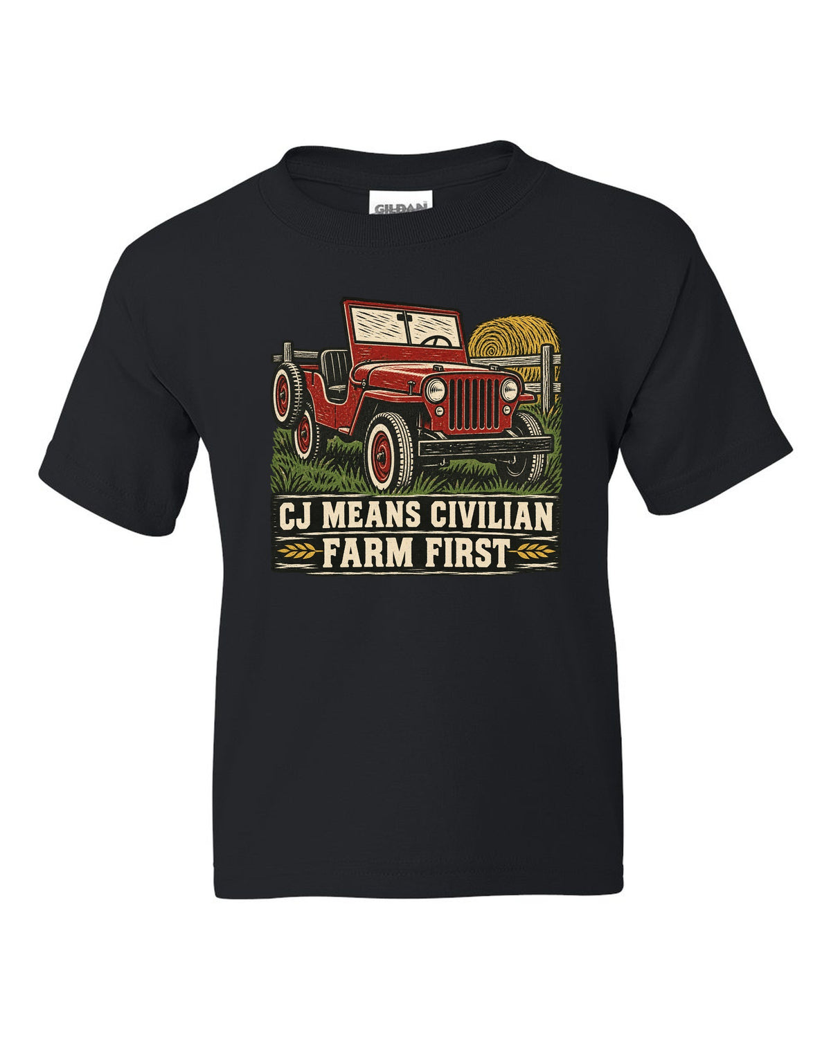 Linocut-style print of a Jeep CJ-2A with civilian farm text black kids tee front view with the design
