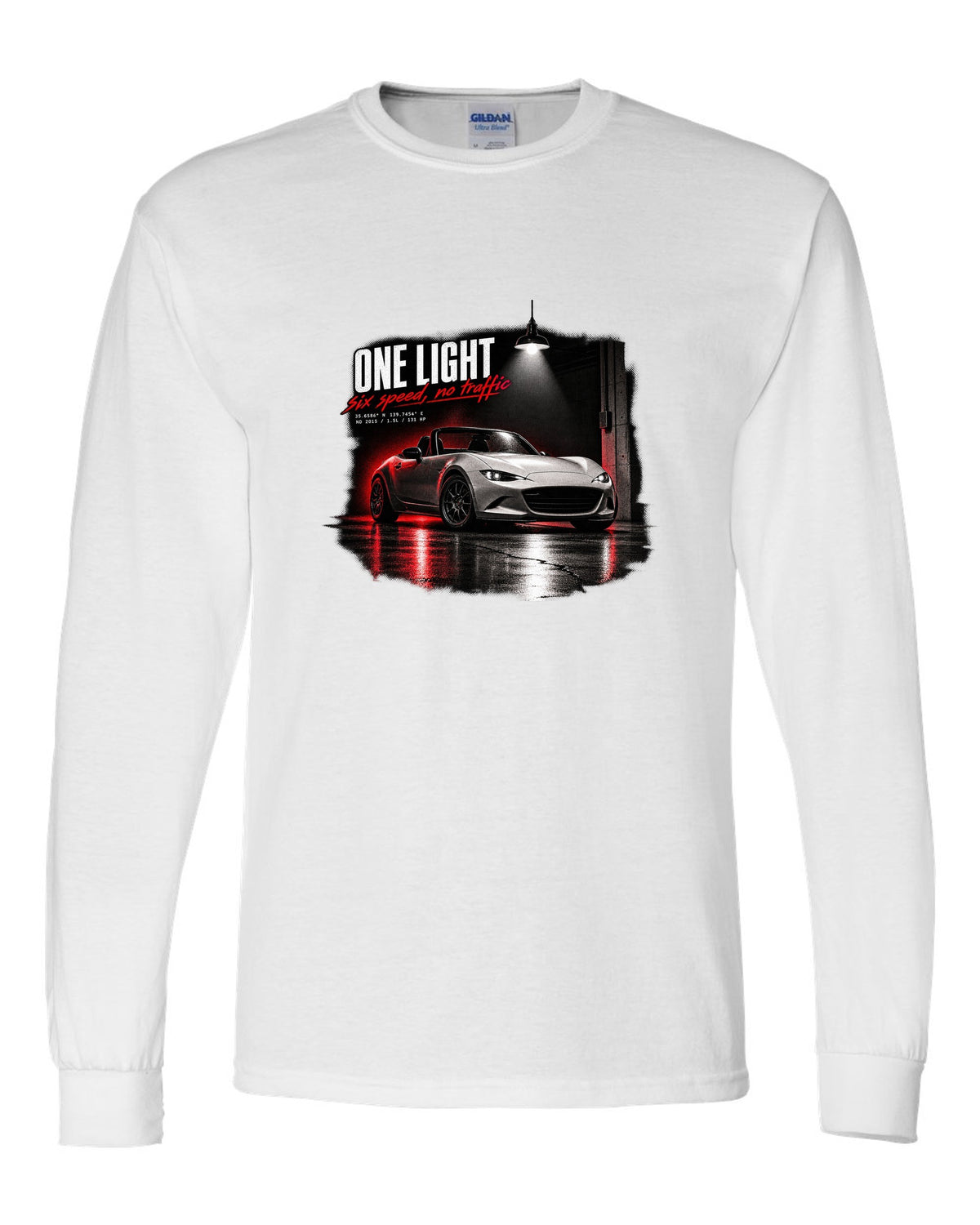 Garage night print for the 2015 Mazda MX-5 ND with 1.5L, 131 HP and six-speed lettering white long sleeve front view with the design