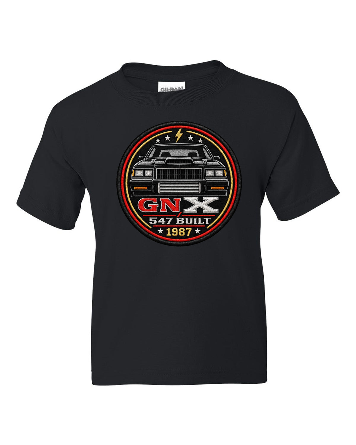 1987 Buick GNX coupe inside a round crest design with 547 built text black kids tee front view with the design