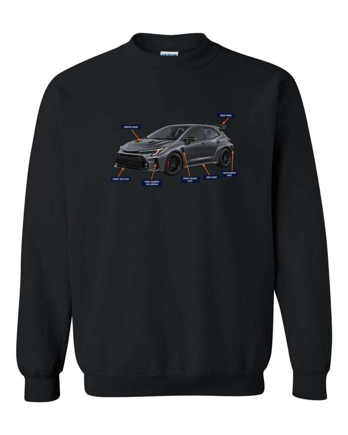 Toyota GR Corolla Circuit Edition chback with aero cutaway callouts and G16E-GTS text black crewneck front view with the design