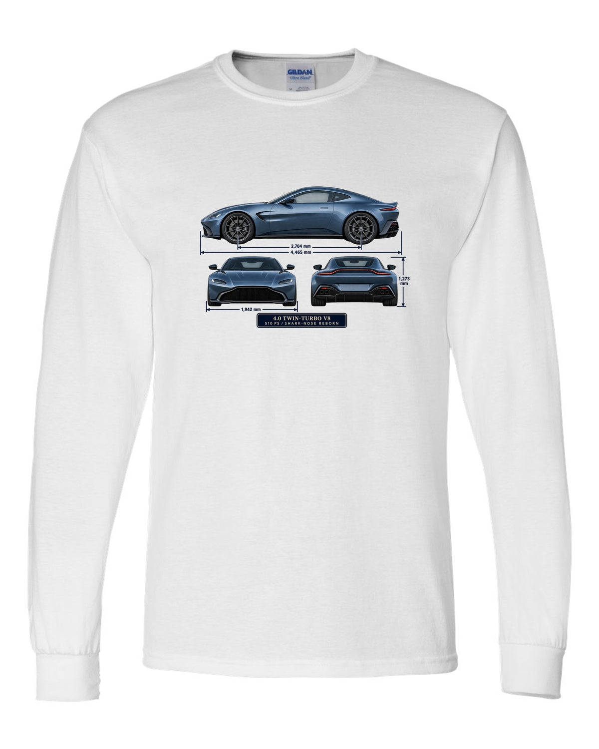 Aston Martin Vantage 2018 three-view print with 4.0 twin-turbo V8 510 PS spec table white long sleeve front view with the design