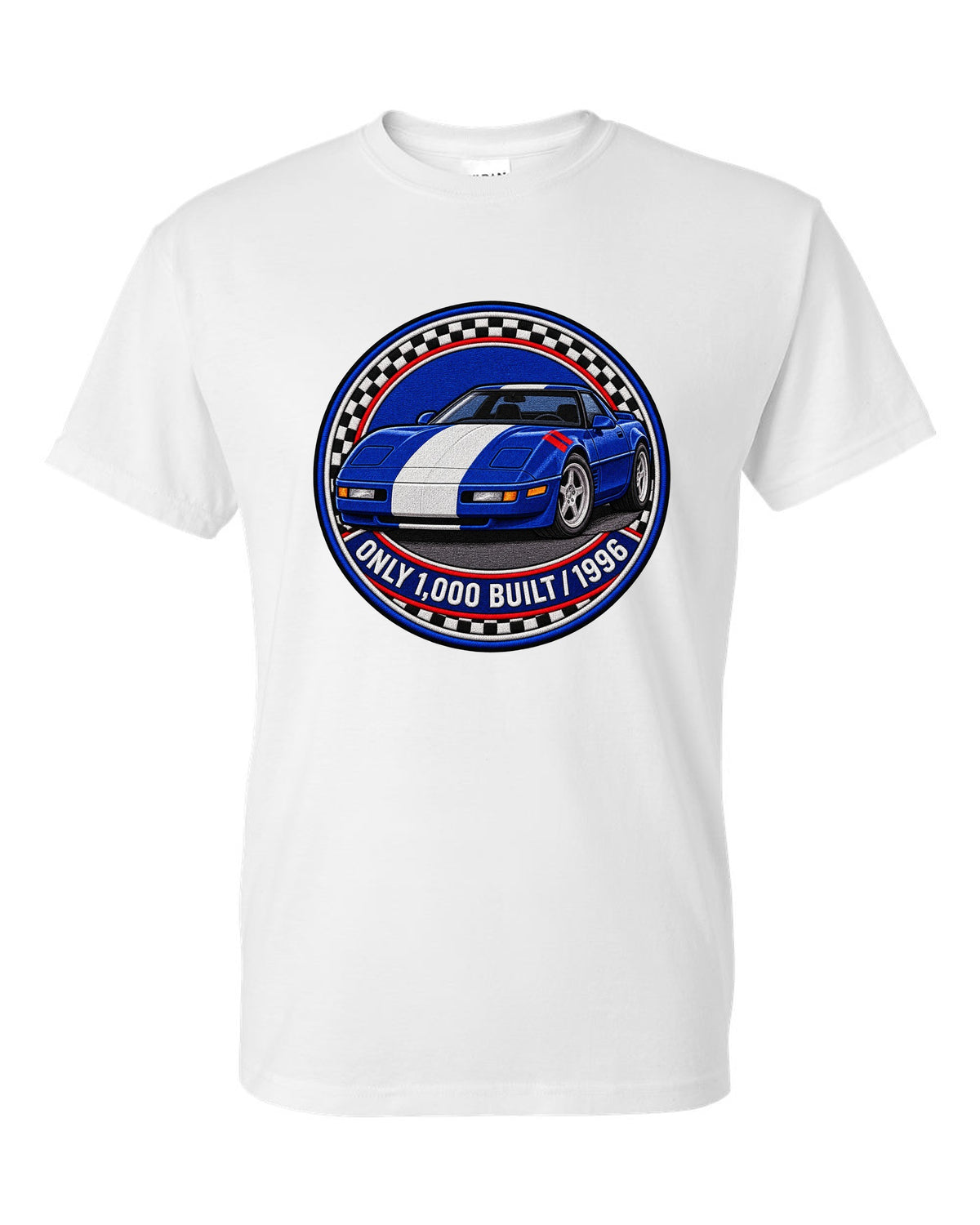 Embroidery style varsity crest print of a 1996 Chevrolet Corvette C4 Grand Sport with Only 1,000 Built text white t-shirt front view with the design