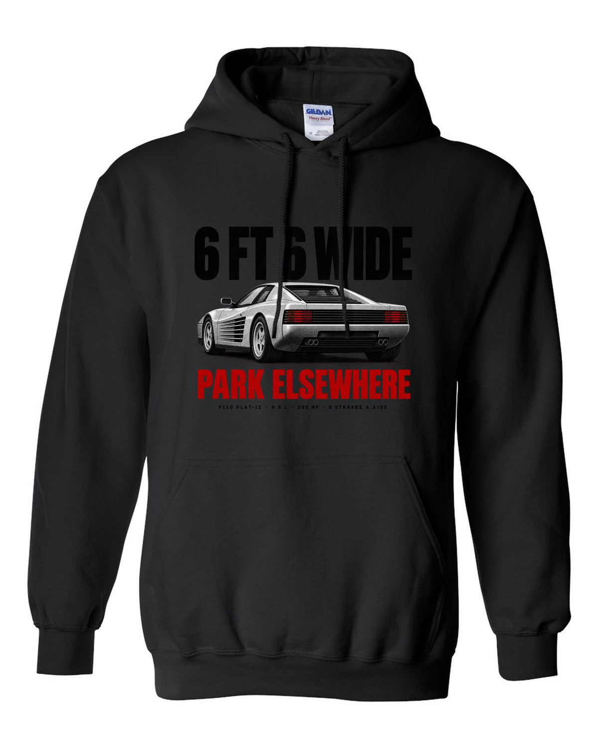 Ferrari Testarossa F110 1984 halftone print, 6 ft 6 wide, park elsewhere black pull over hoodie front view with the design