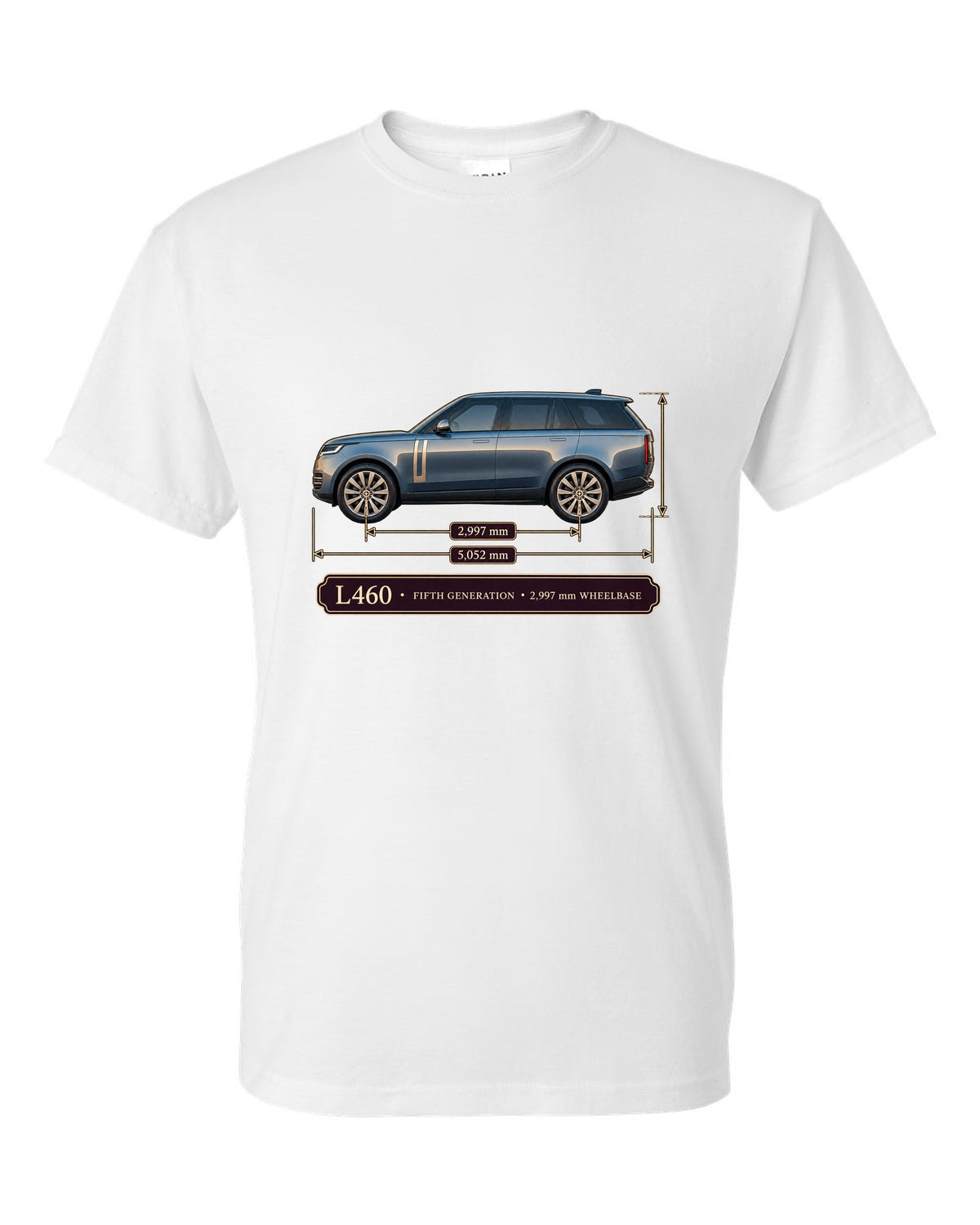 Dimension blueprint print of the Range Rover L460 fifth generation with wheelbase white t-shirt front view with the design