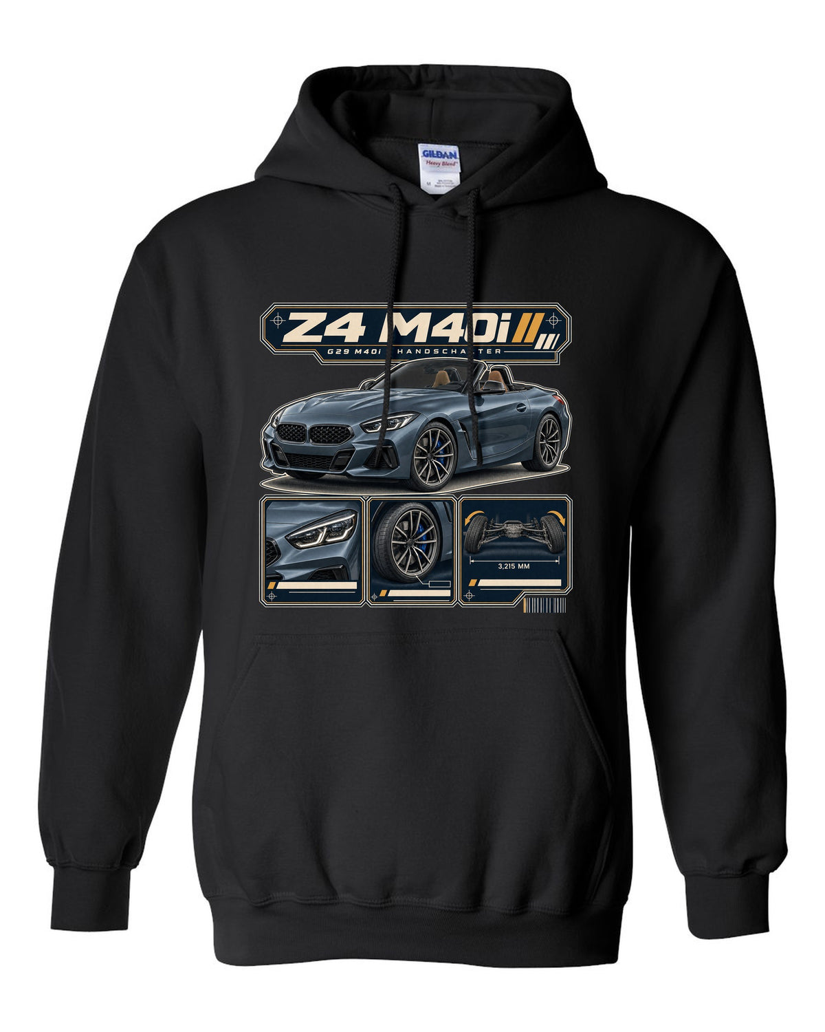 Dossier panel print of the BMW i7 M70 G70 noting rear wheel steering black pull over hoodie front view with the design