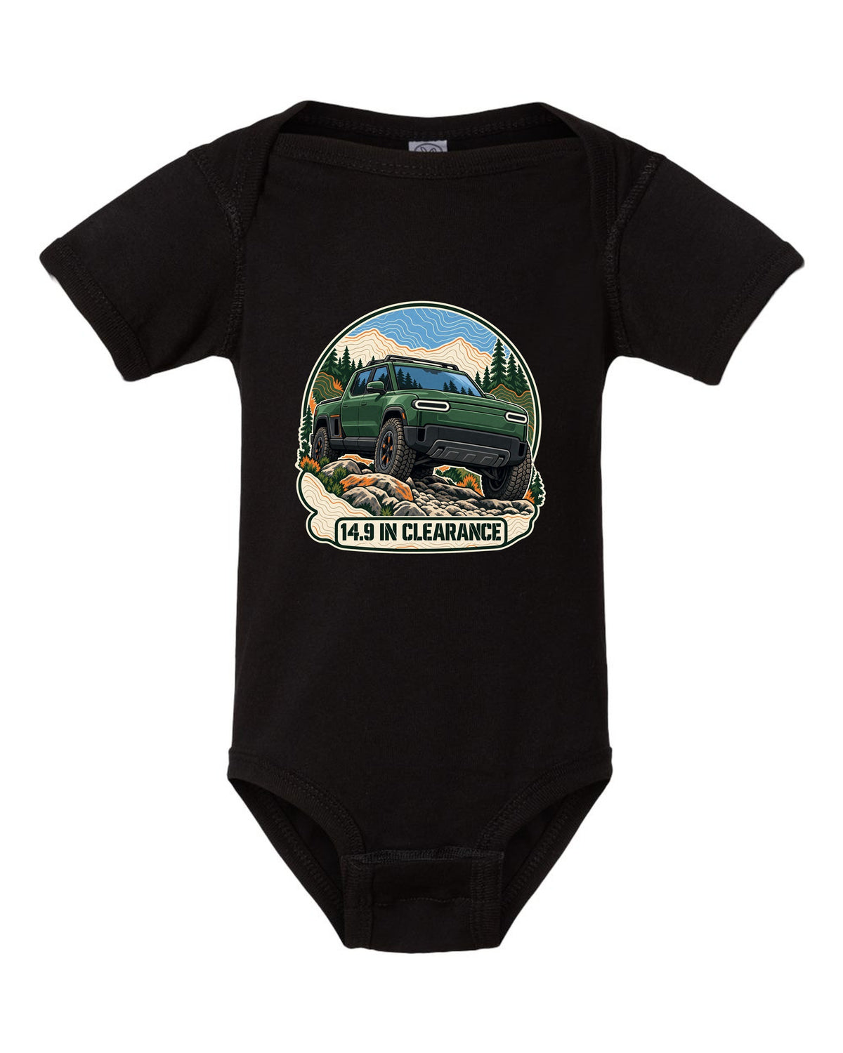 Topographic contour map illustration print of a Rivian R1T reading 14.9 In Clearance black baby onesie front view with the design