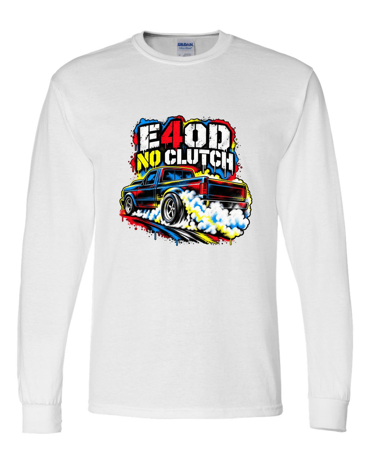Ford F-150 SVT Lightning first gen burnout in a stencil spray print white long sleeve front view with the design
