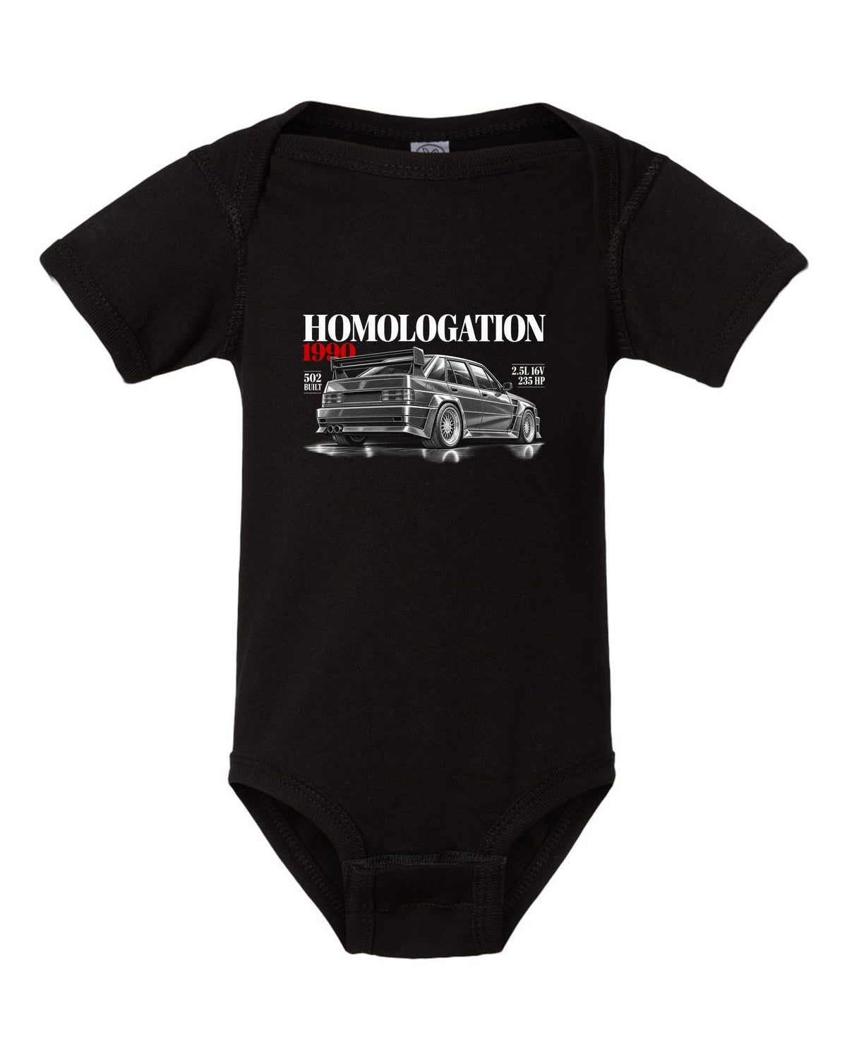 print editorial headline of a Mercedes 190E 2.5-16 Evolution II W201 with homologation 1990 502 built black baby onesie front view with the design
