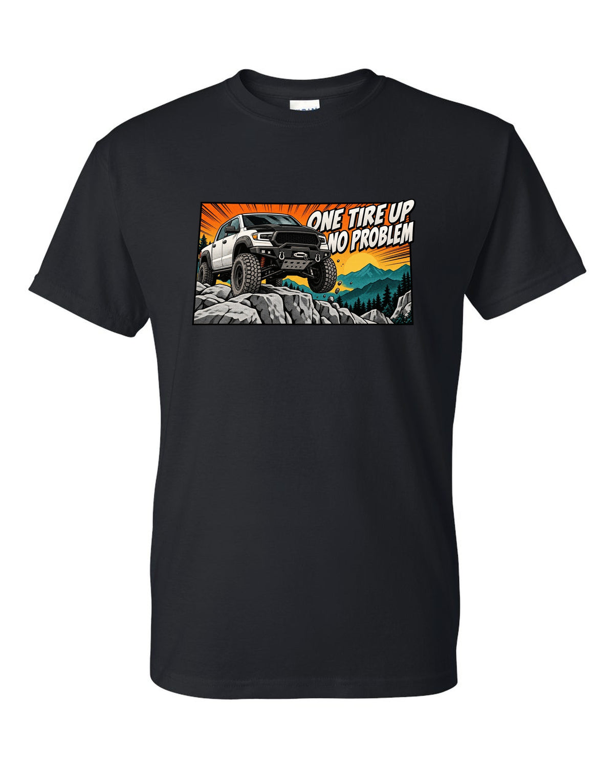 Retro manga halftone print of a Ram Power Wagon 2500 4x4 with one tire up on a ledge black t-shirt front view with the design
