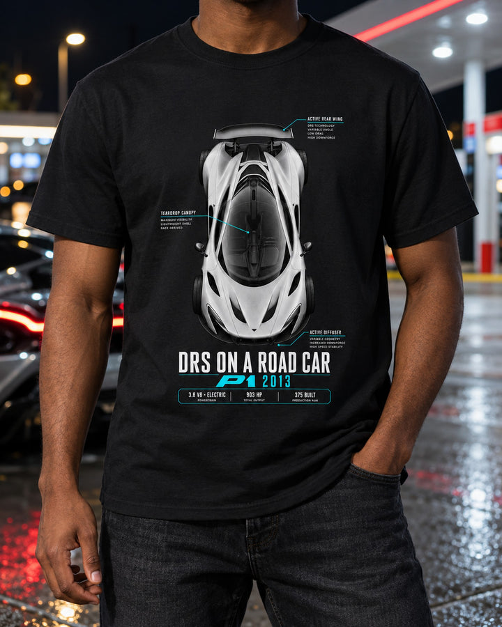 McLaren P1 2013 DRS On A Road Car Spec Poster Tee T-Shirt Black worn hero