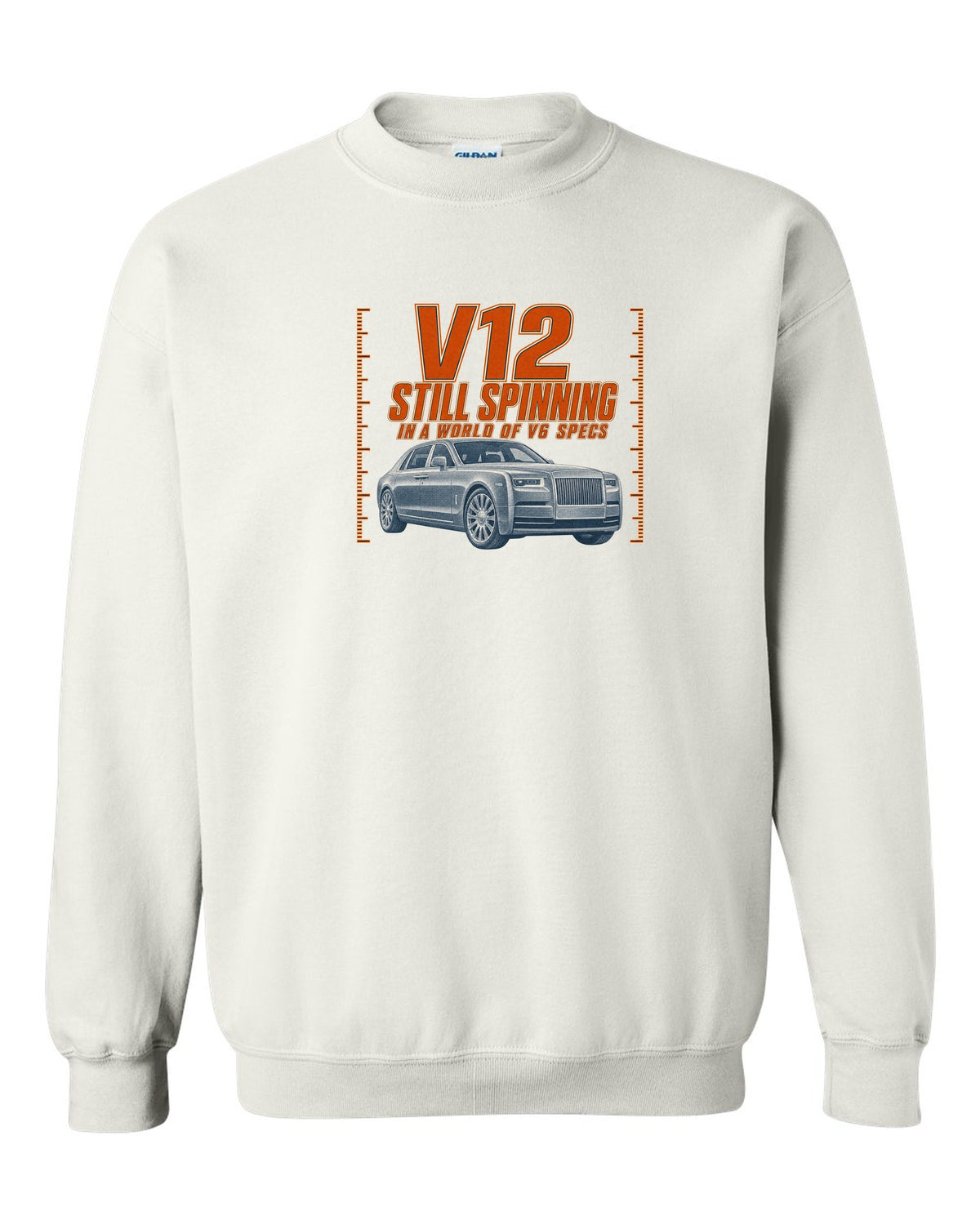 Halftone print of a silver Mercedes-Maybach S680 Z223 front three-quarter white crewneck front view with the design