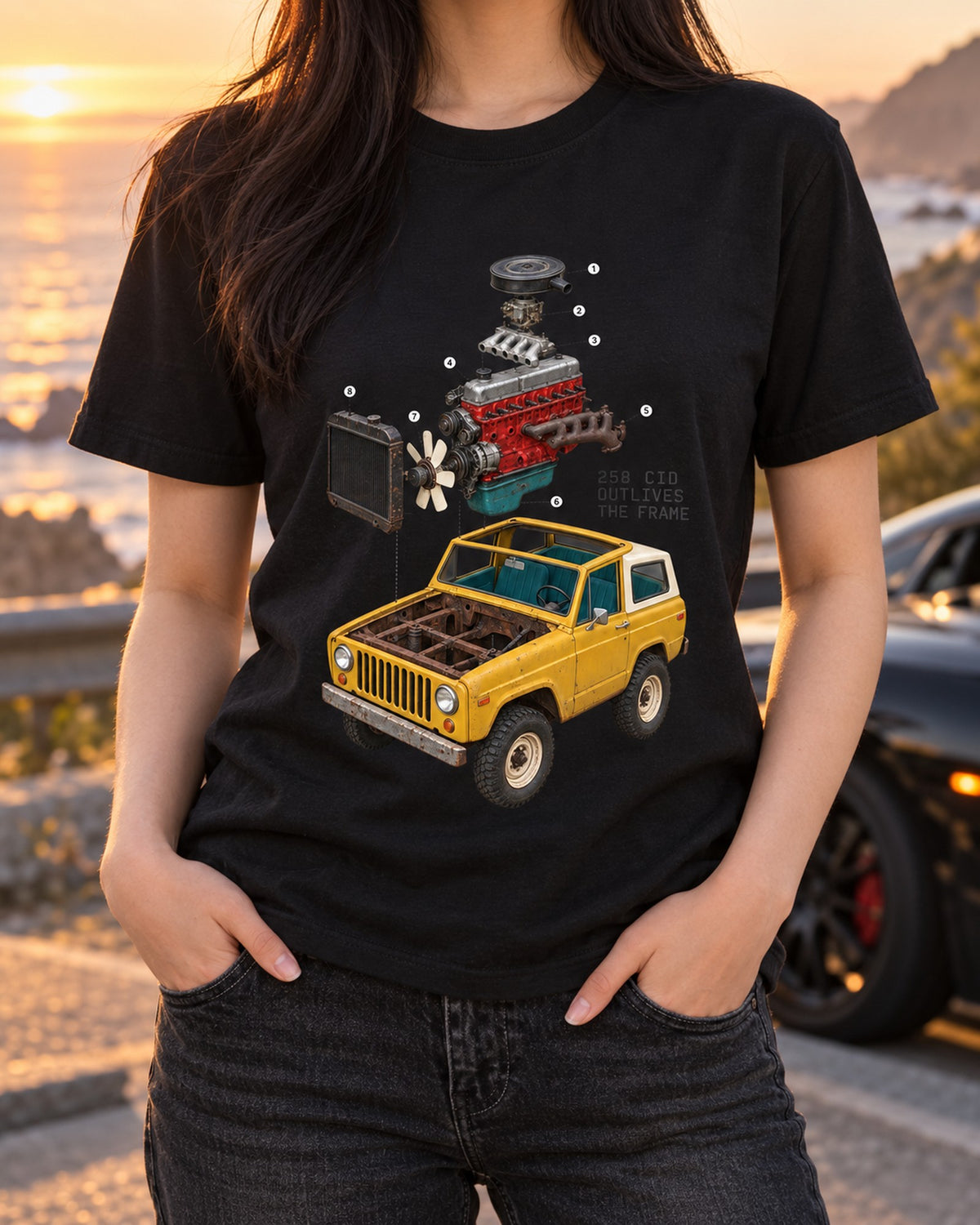 Jeep CJ-7 258 Inline-Six Exploded Engine Tee, Car Guy Gift T-Shirt Black worn hero