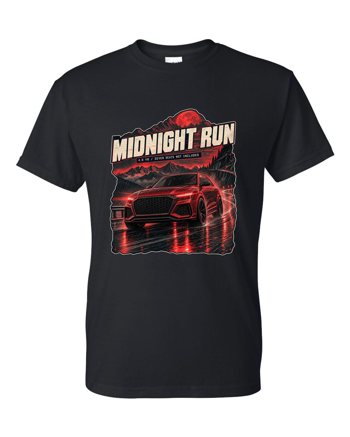 Audi RS Q8 night street scene print with midnight run text black t-shirt front view with the design