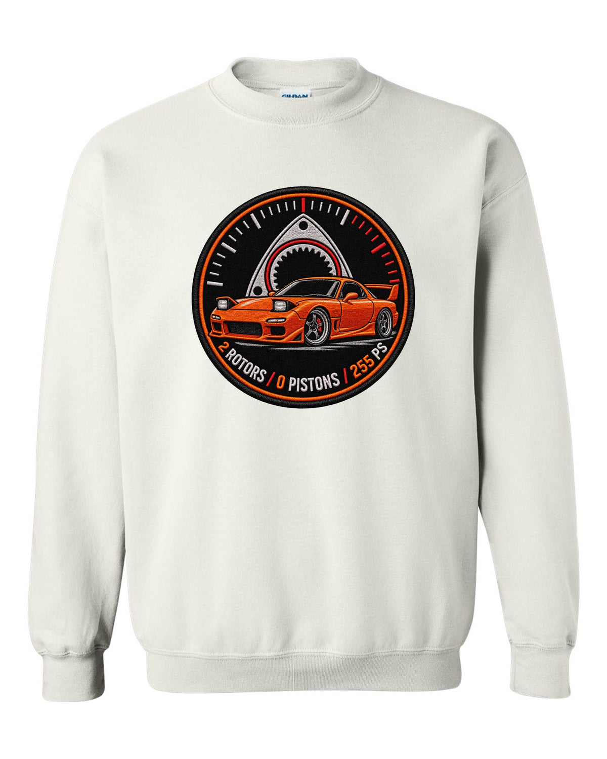 Round embroidery-style crest print for the Mazda RX-7 FD3S with 2 rotors 0 pistons 255 PS lettering white crewneck front view with the design