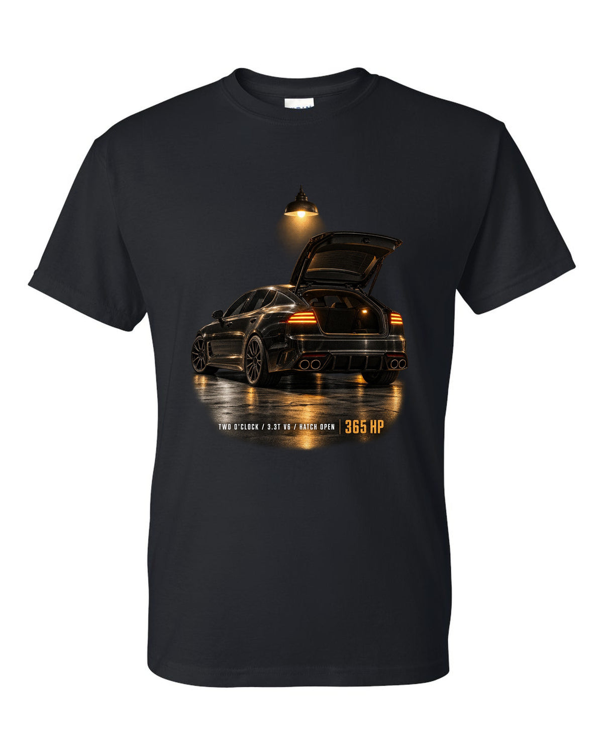 Kia Stinger GT CK garage night print with ch open and 3.3T V6 text black t-shirt front view with the design