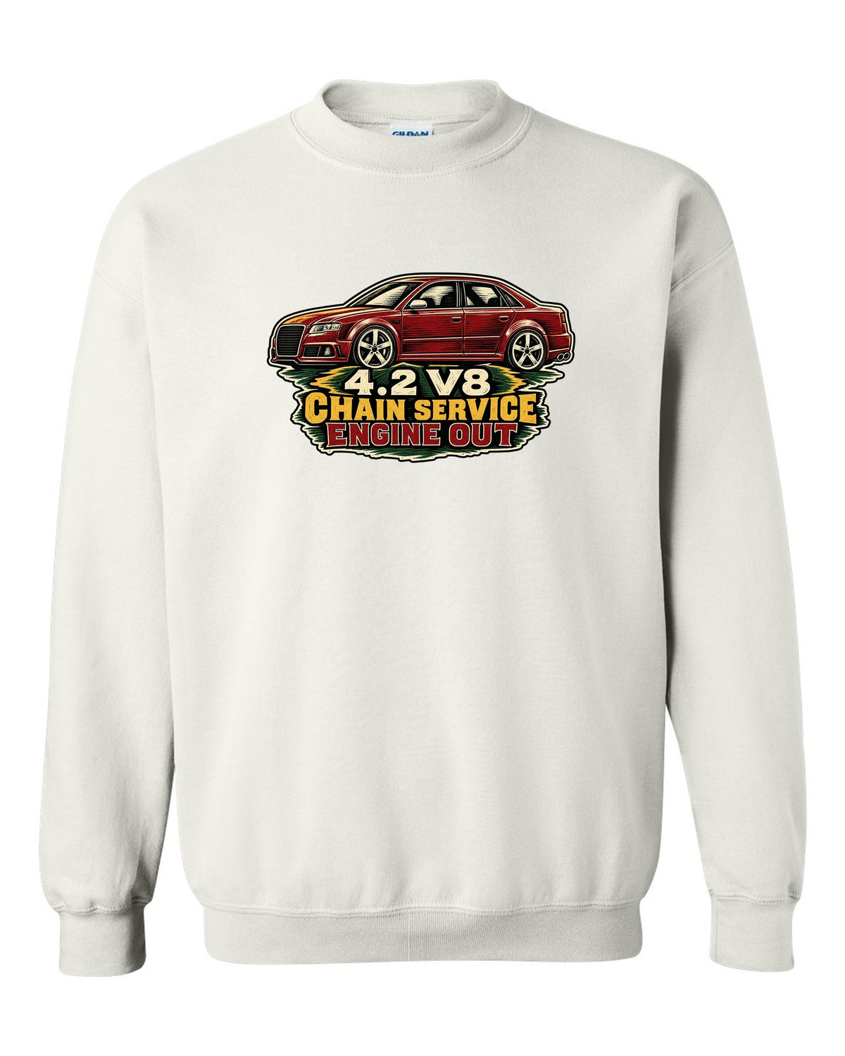 Linocut style print of an Audi S4 B7 sedan with 4.2 V8 chain service text white crewneck front view with the design