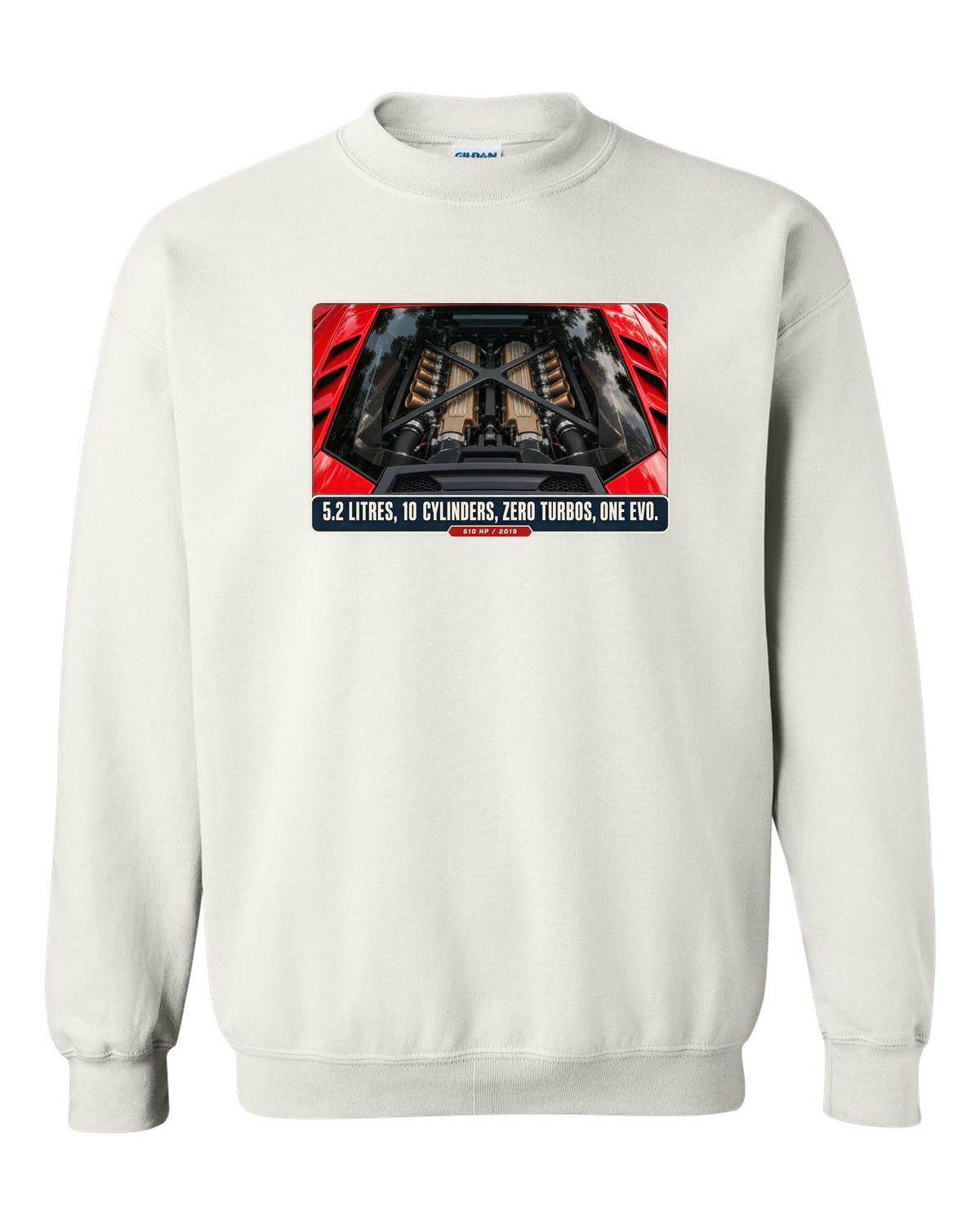 Engine hero print of the Lamborghini Huracan EVO V10 white crewneck front view with the design