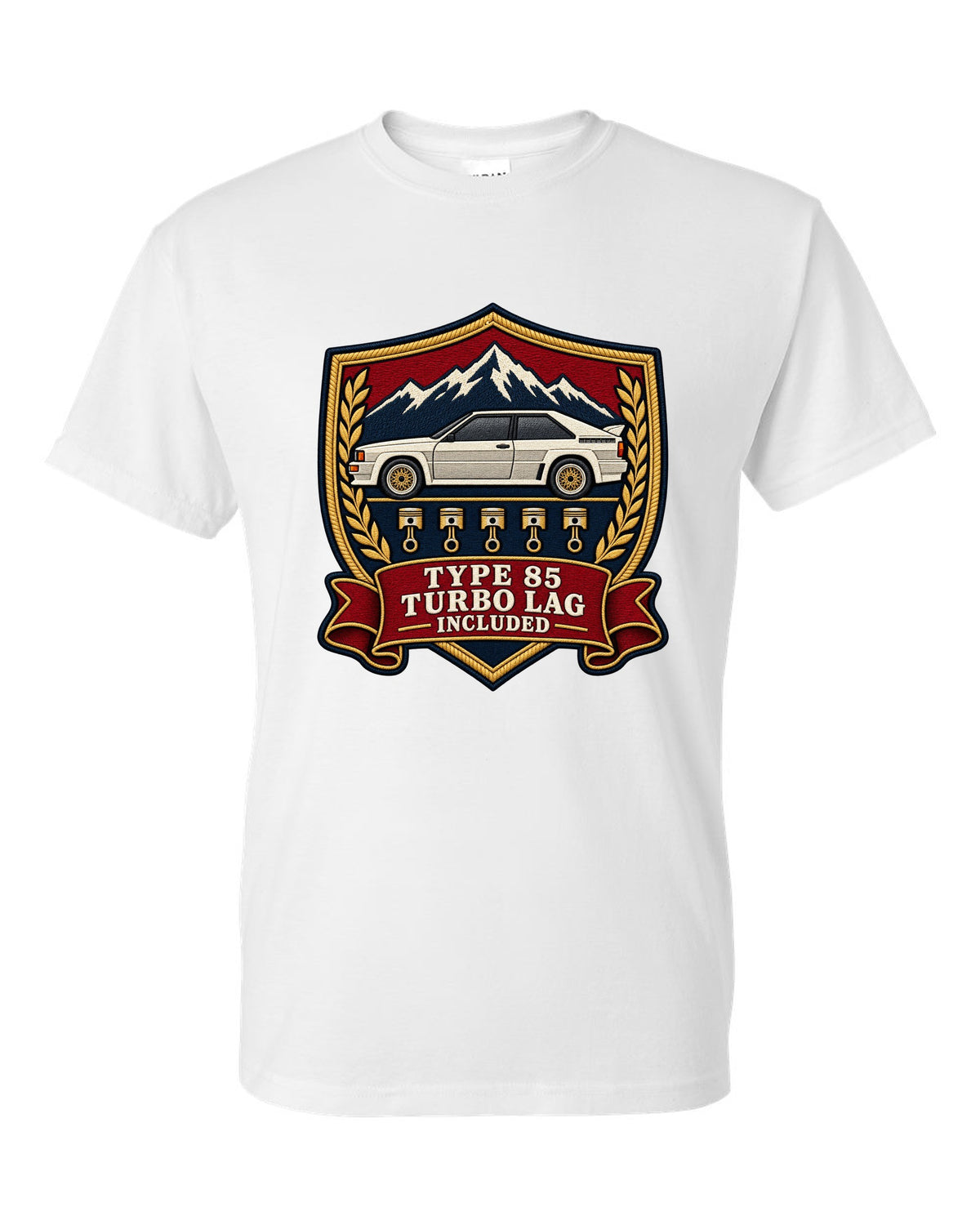 Varsity shield crest print of an Audi Ur-Quattro Type 85 with Turbo Lag Included text white t-shirt front view with the design