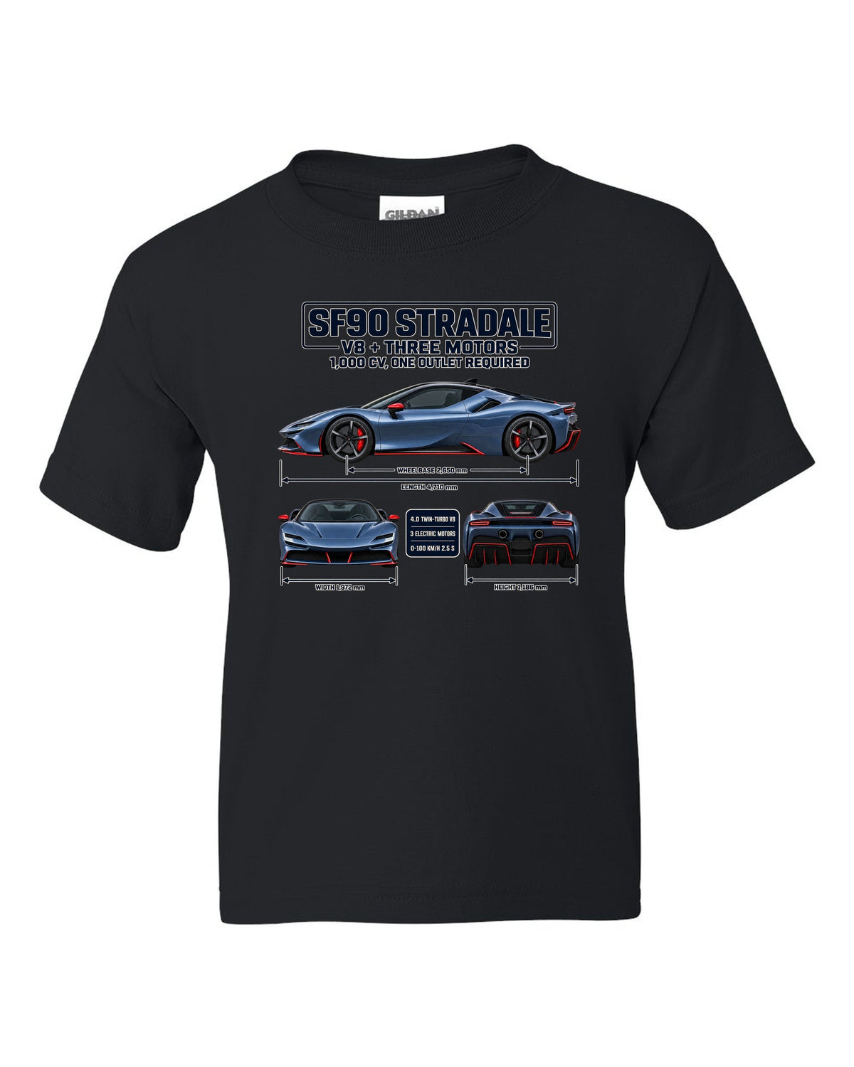 Ferrari SF90 Stradale three-view spec sheet print with V8 plus three motors, 1,000 CV black kids tee front view with the design