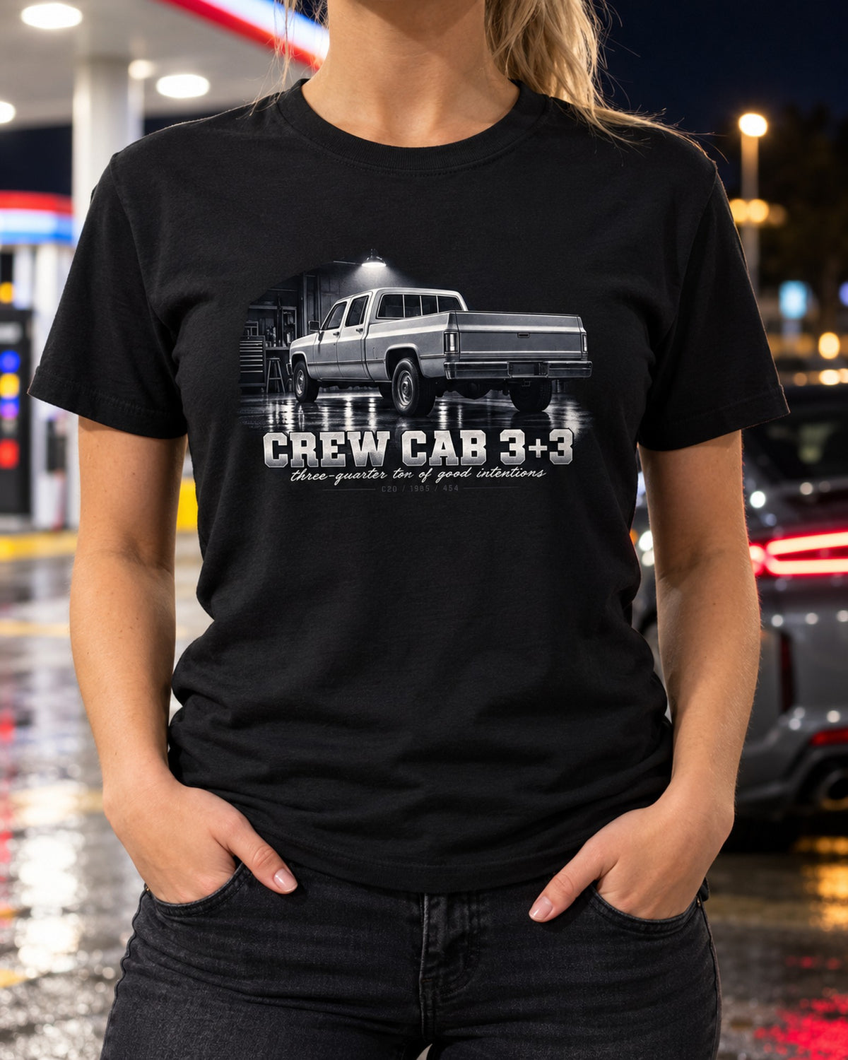 1985 C20 Squarebody Crew Cab 454 Garage Night Tee T-Shirt Black worn hero