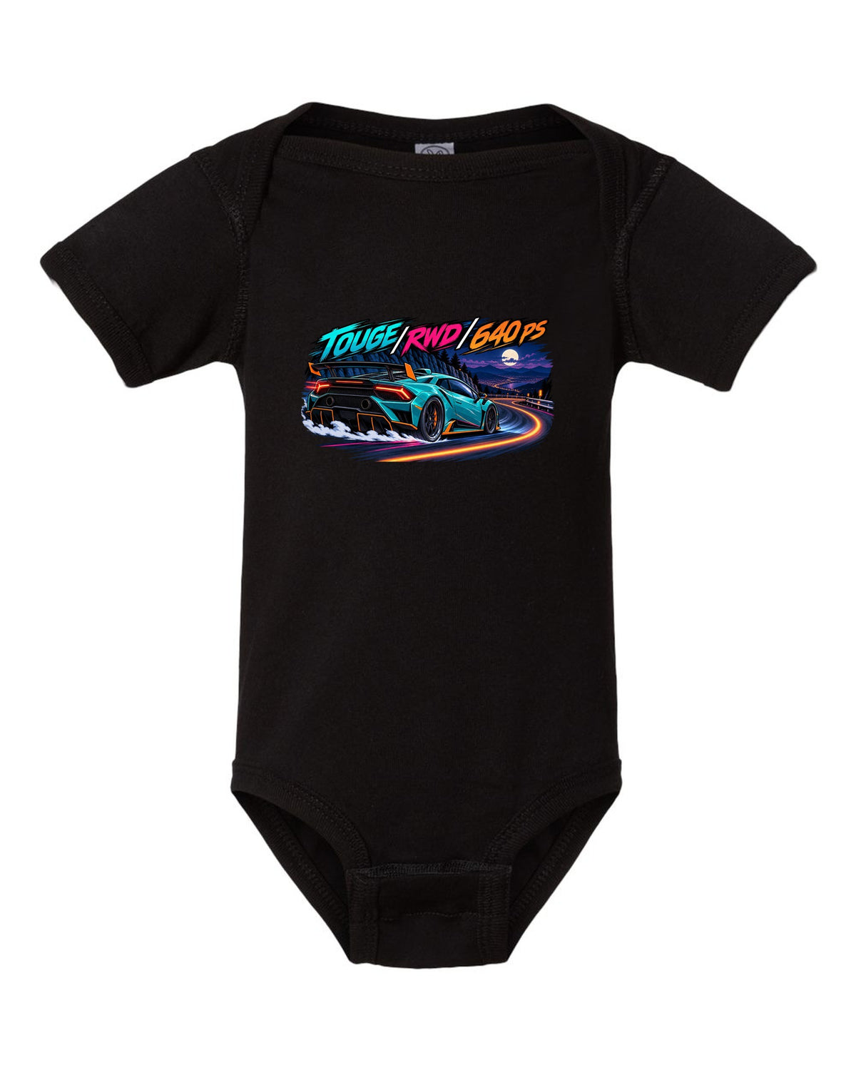 Cel-shaded anime night touge scene with a Lamborghini Huracan STO LP640-2 and text TOUGE / RWD / 640 PS black baby onesie front view with the design