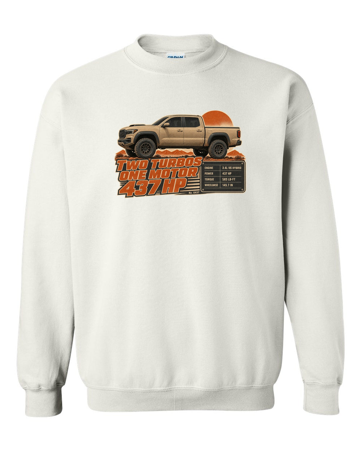Toyota Tundra TRD Pro i-FORCE MAX hybrid spec poster design white crewneck front view with the design