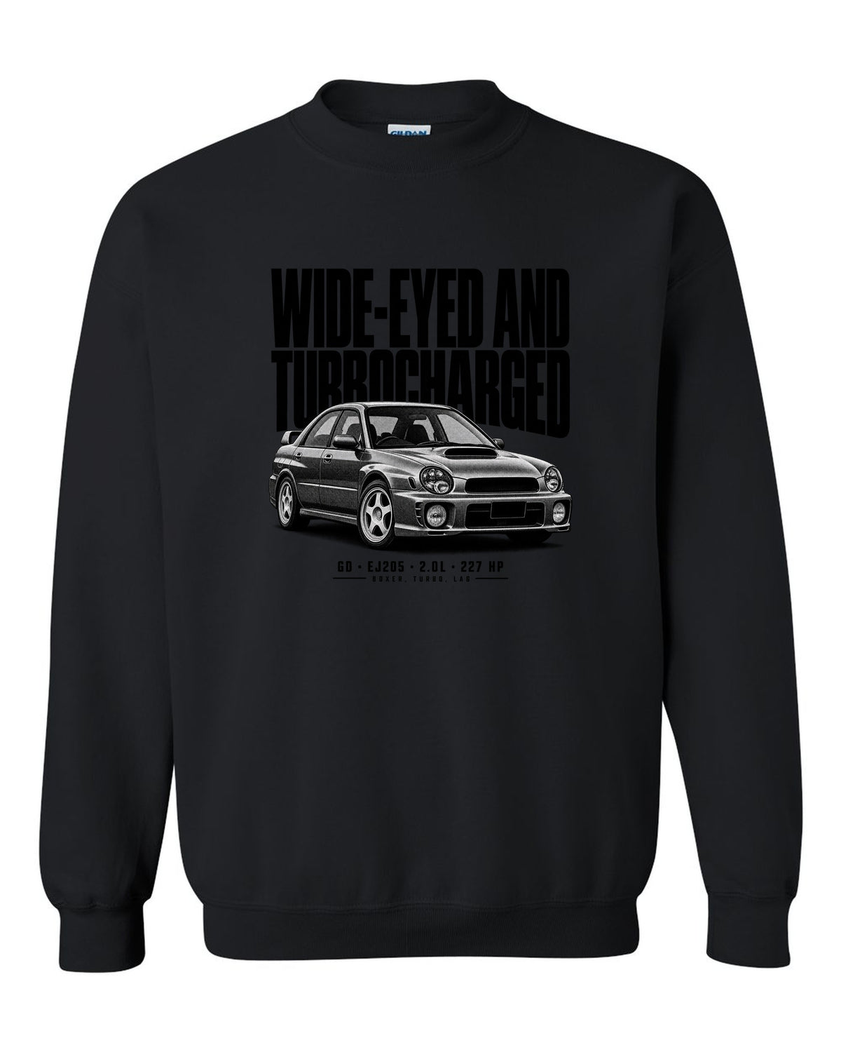 Halftone Subaru Impreza WRX GD Bugeye saloon with wide-eyed and turbocharged text black crewneck front view with the design