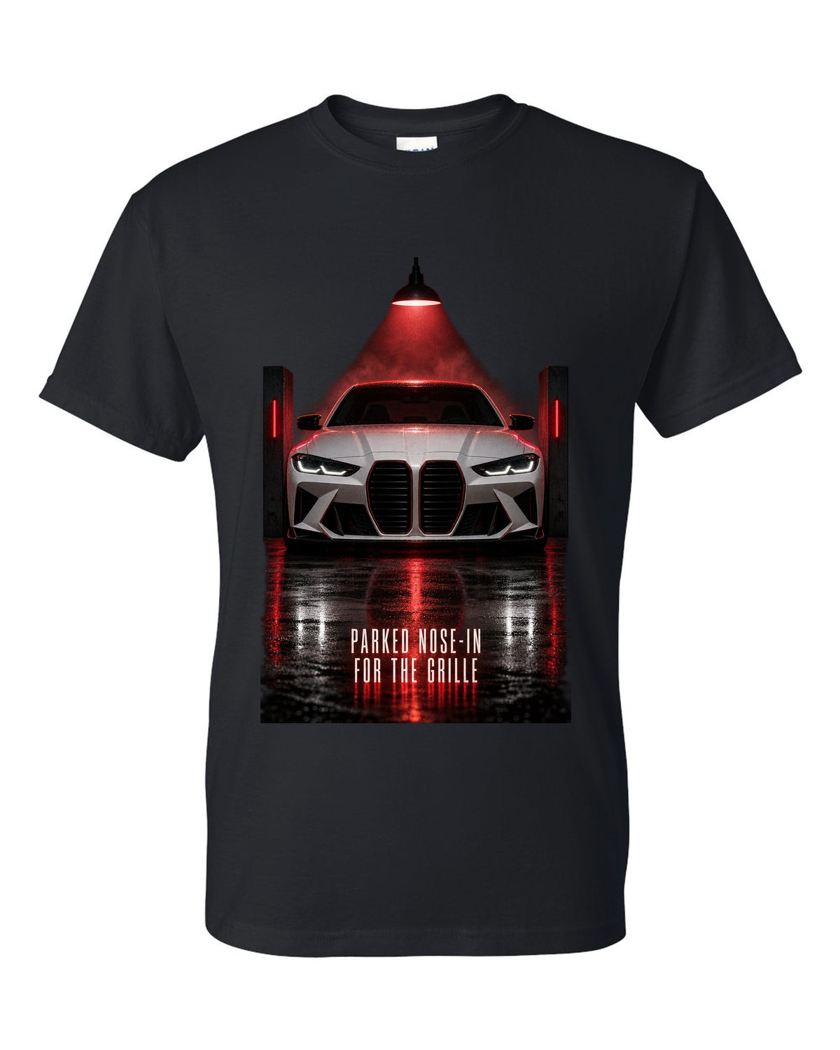 BMW G80 M3 garage night print with parked nose-in for the grille text black t-shirt front view with the design