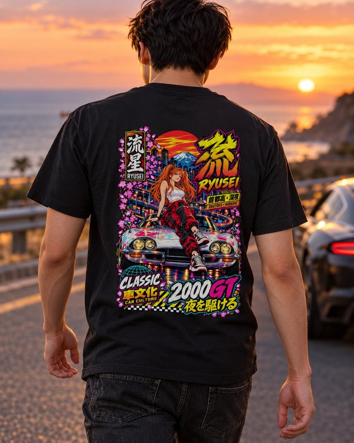 RYUSEI 2000GT Anime Girl Full-Back Graphic Tee T-Shirt Black worn hero