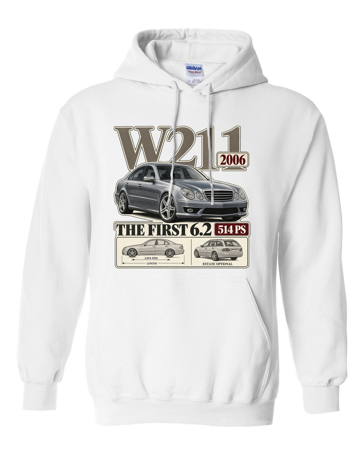 Archive panel print of a silver Mercedes-AMG E63 W211 sedan white pull over hoodie front view with the design