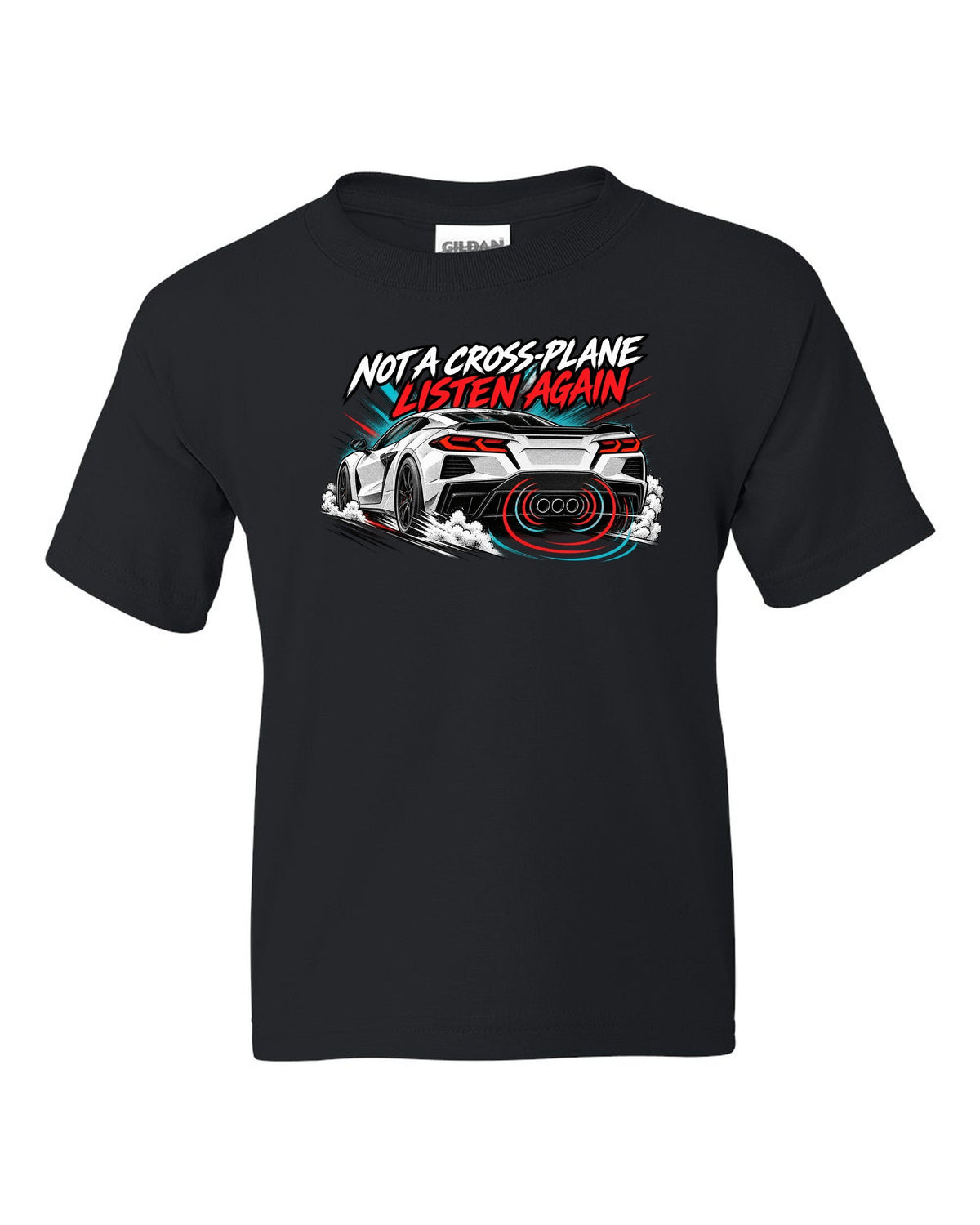 Badge crest design of a 2025 C8 Corvette ZR1 with large fender vents and rear wing black kids tee front view with the design