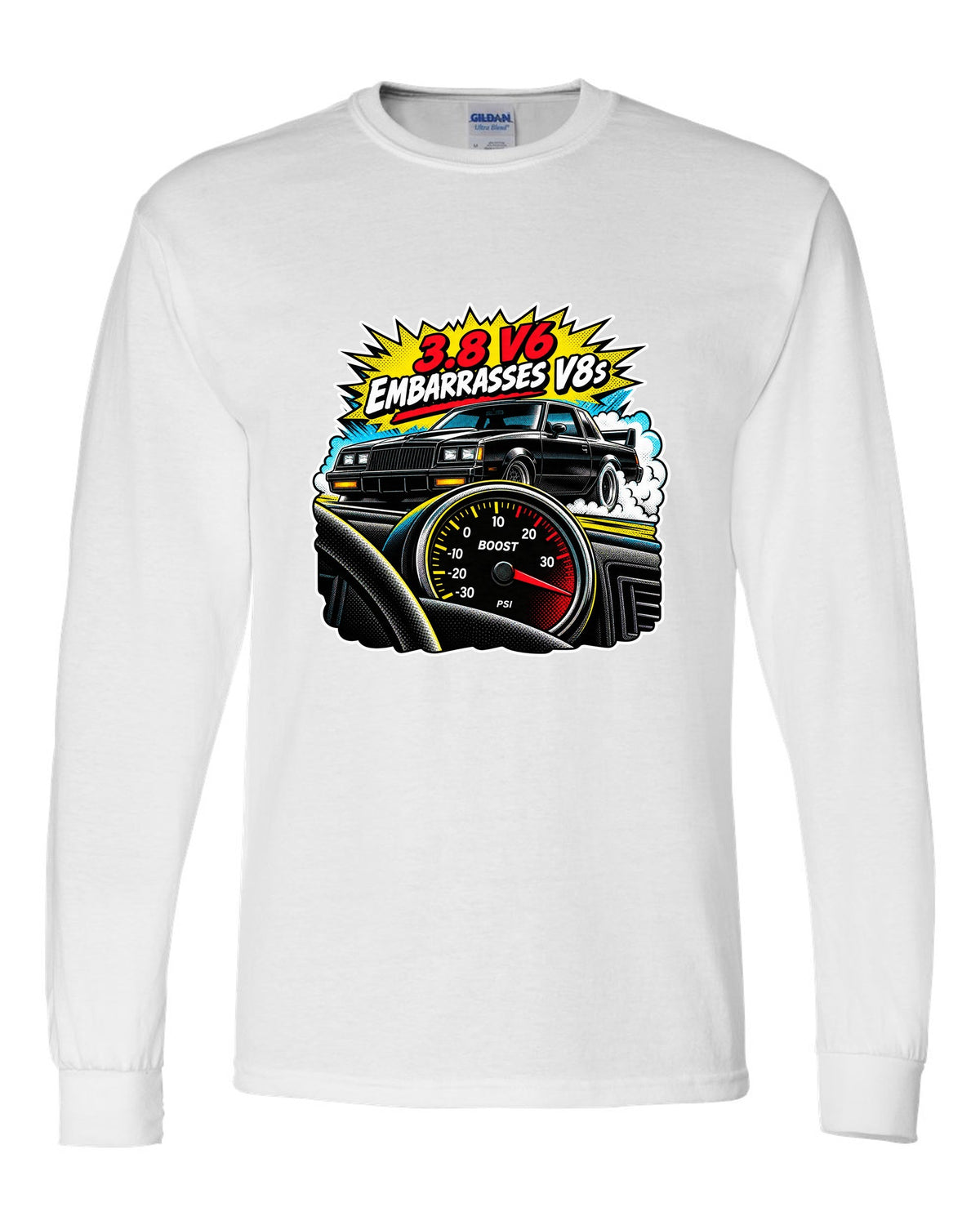 Comic halftone pop-art illustration of a 1987 Buick Grand National with boost gauge and V6 lettering white long sleeve front view with the design