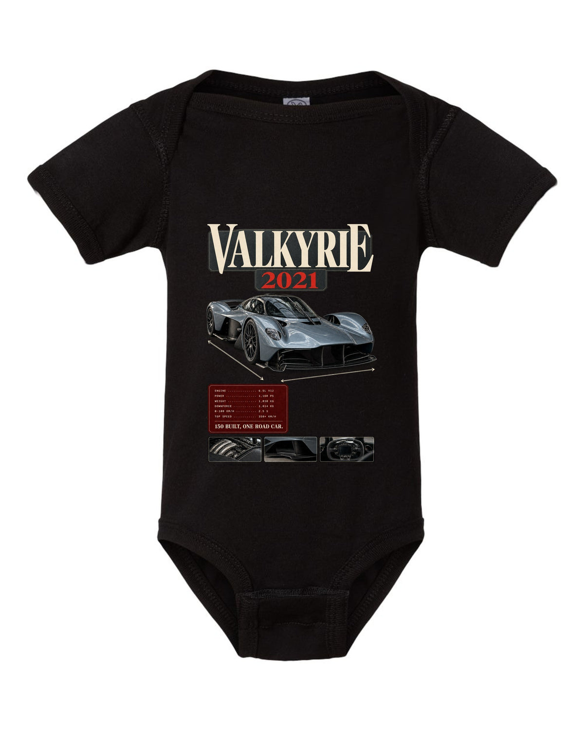 Aston Martin Valkyrie 2021 archive panel print with 150 built one road car text black baby onesie front view with the design