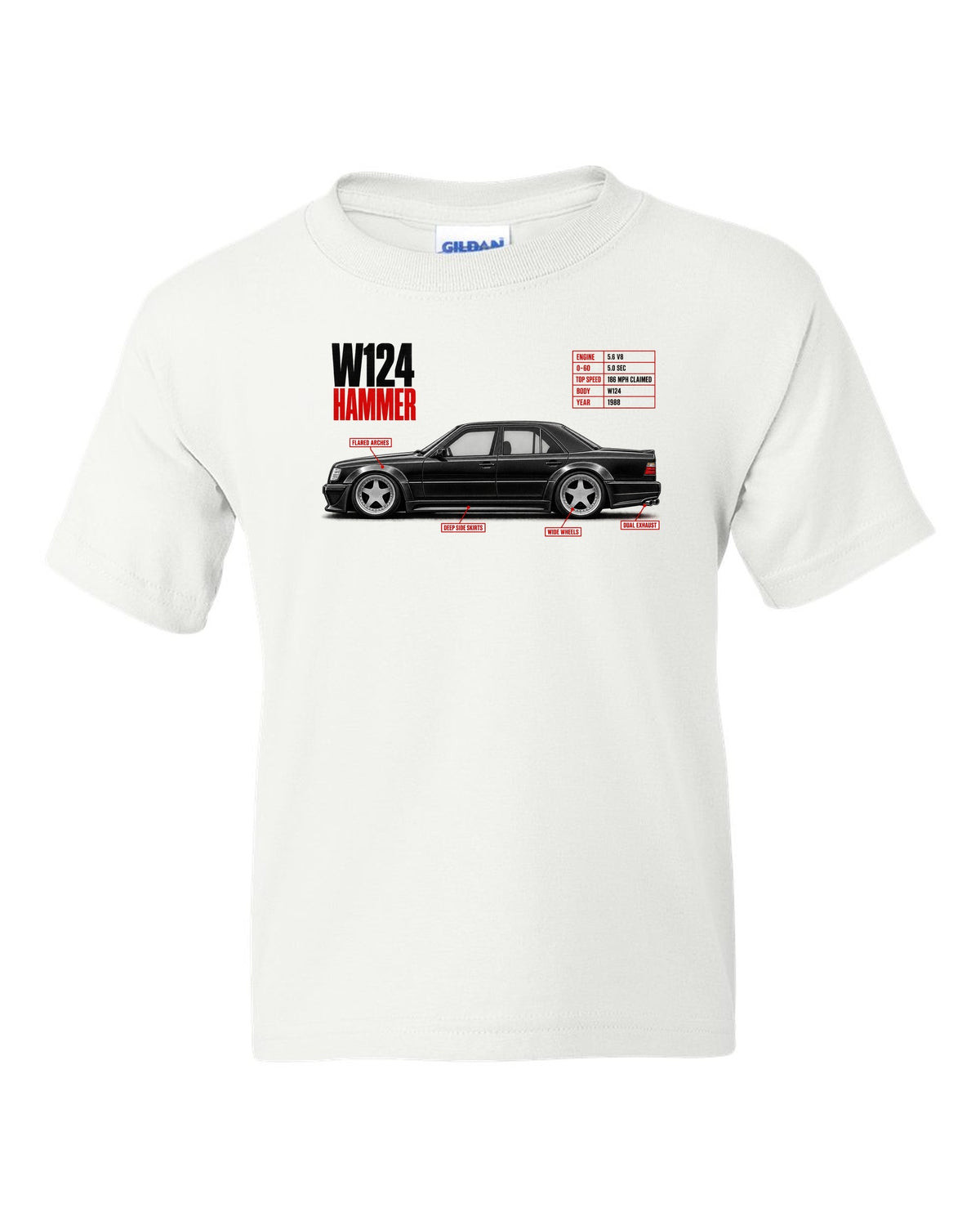 print spec poster of a Mercedes W124 Hammer with text 0-60 5.0 sec, 5.6 V8, 1988 white kids tee front view with the design