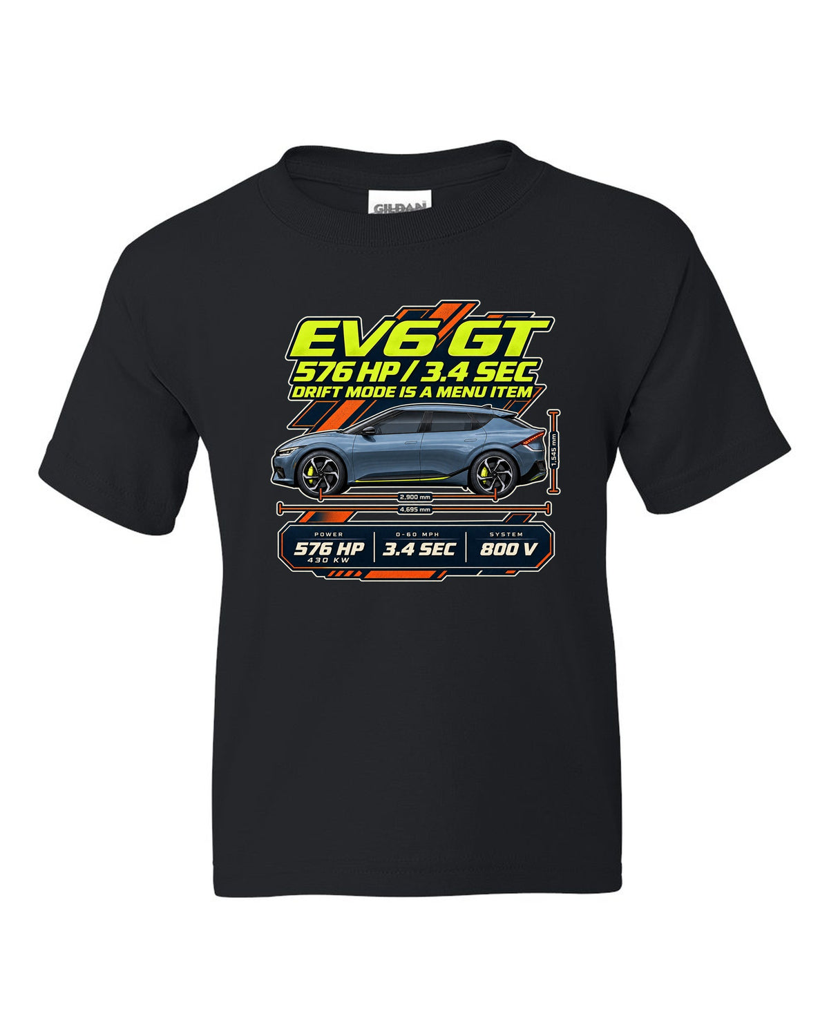 Kia EV6 GT spec poster print on a shirt black kids tee front view with the design