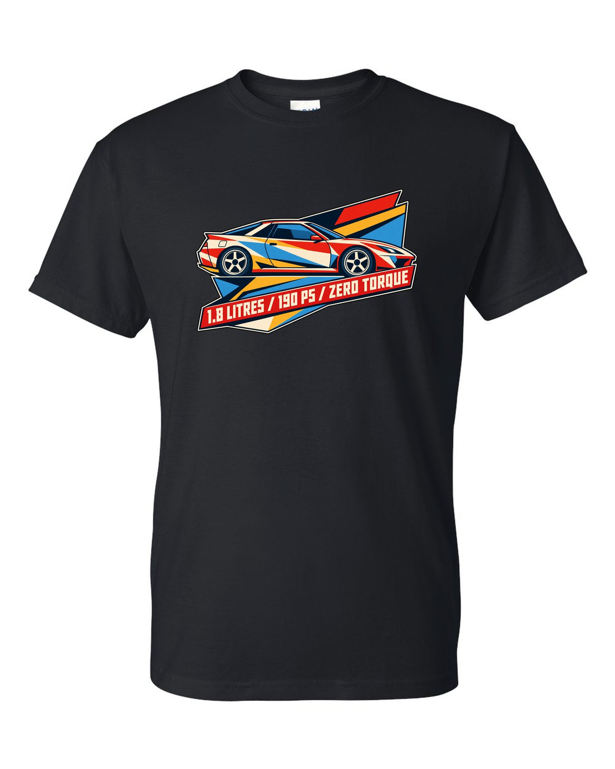 Geometric origami constructivist poster of the Toyota Celica ZZT231 with 190 PS text black t-shirt front view with the design