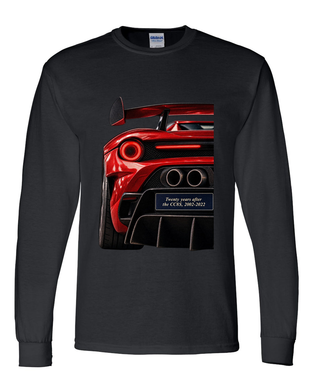 Taillight macro print of the Koenigsegg CC850 with the text twenty years after the CC8S, 2002-2022 black long sleeve front view with the design